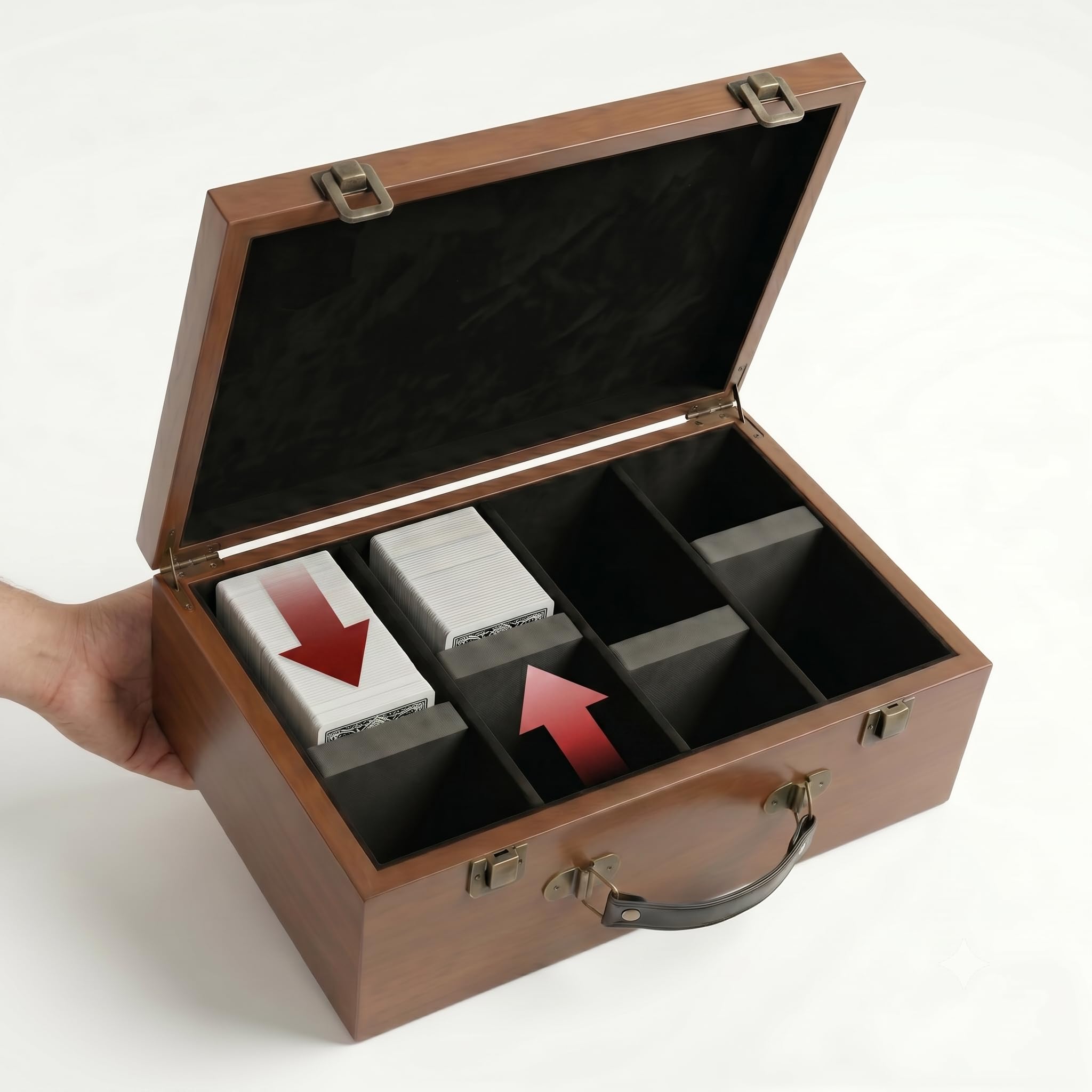 WOPITUES Caja de almacenamiento de tarjetas coleccionables con asa, caja de tarjetas de 4 filas con capacidad para 1600 tarjetas con funda, caja de madera MTG Commander con 10 separadores y 4 tapones