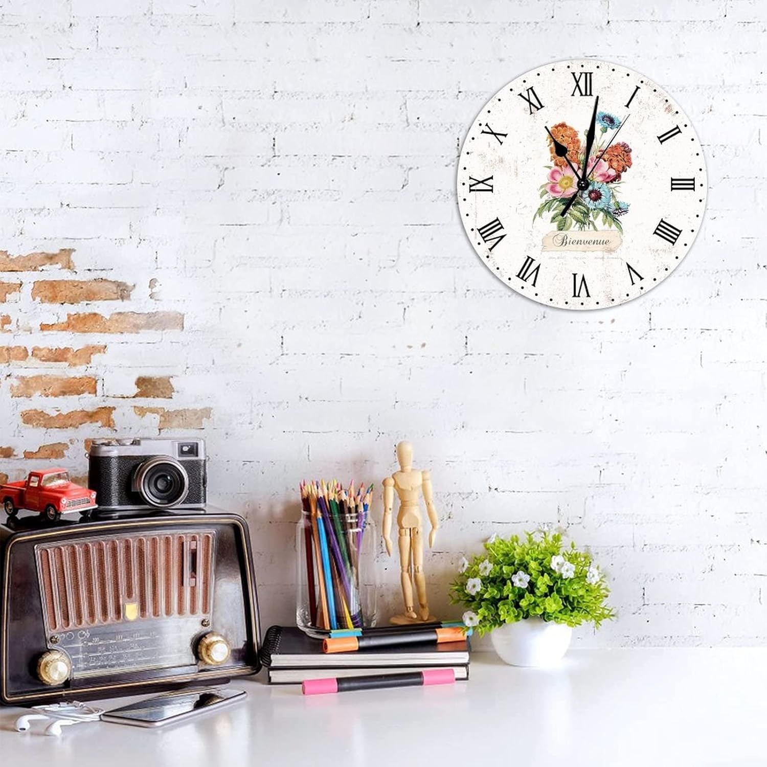 Vintage Rustic Floral Round Wall Clock Silent Non Ticking Oil Painting Home Office School Decorative Clock Art Welcome Bienvenue Clock