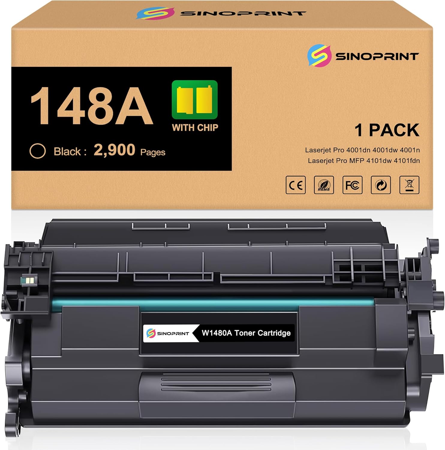 148A W1480A Toner Cartridge with New Chip Replacement for HP LaserJet Pro 4001dn 4001dw 4001n MEP 4101dw 4101fdn Printers W1480A(1 Pack Black)