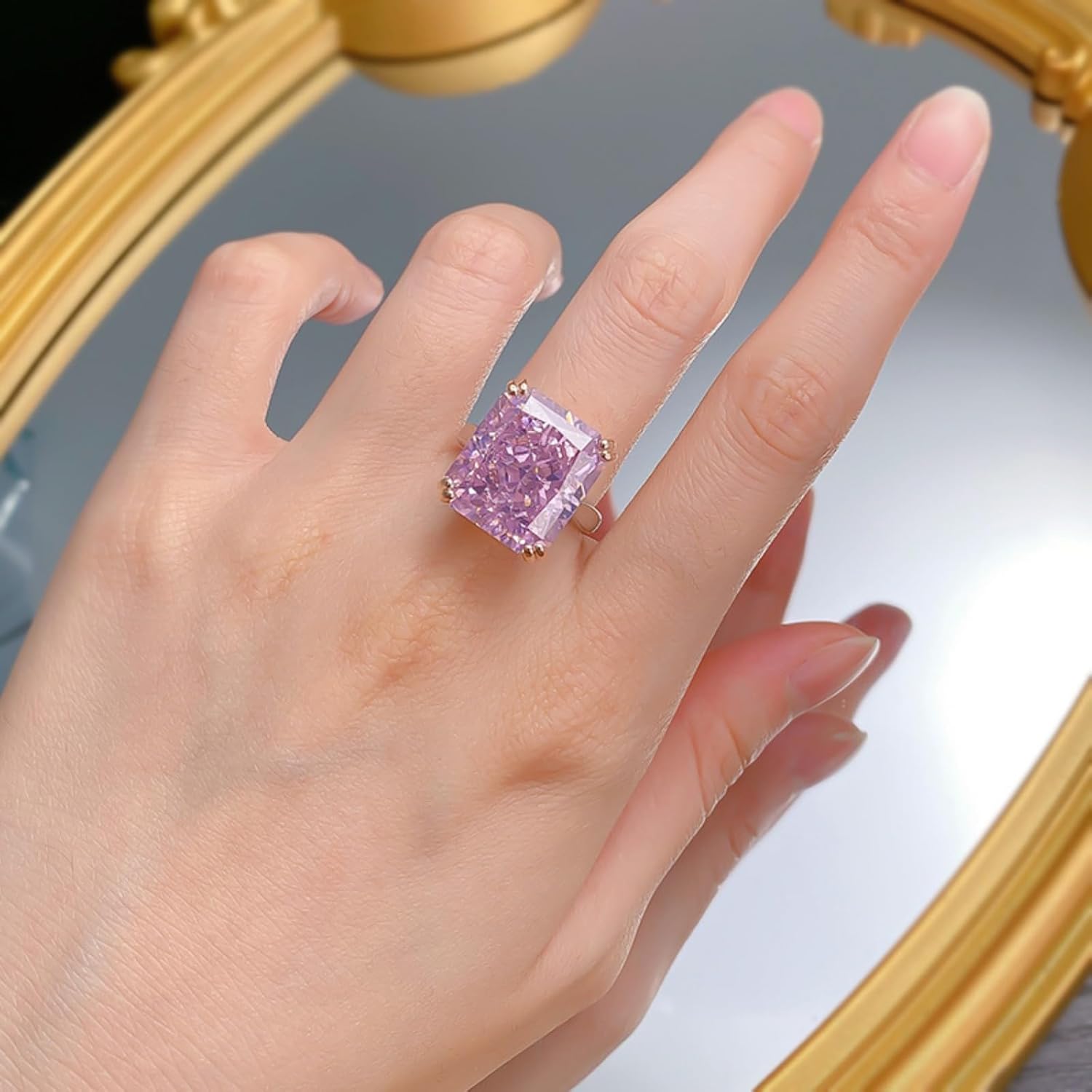 Crushed Ice Pink Engagement Ring 14 * 16MM Radiant Cut 925 Sterling Silver Solitaire Ring CZ Simulated Diamond Anniversary Rings for Women Wife