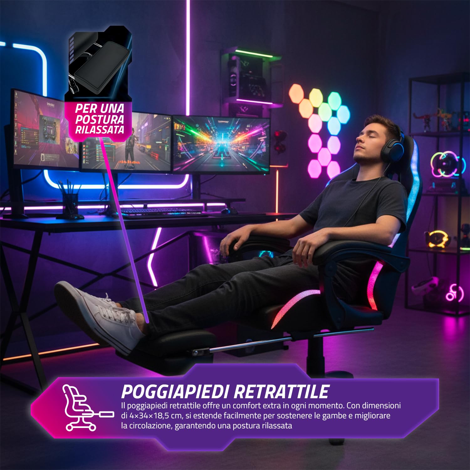 Wintem – – Sedia Gaming con Poggiapiedi Estraibile, Doppio Cuscino e Luci LED RGB USB per Comfort Totale e Design Futuristico Ideale per Gioco, Studio e Ufficio