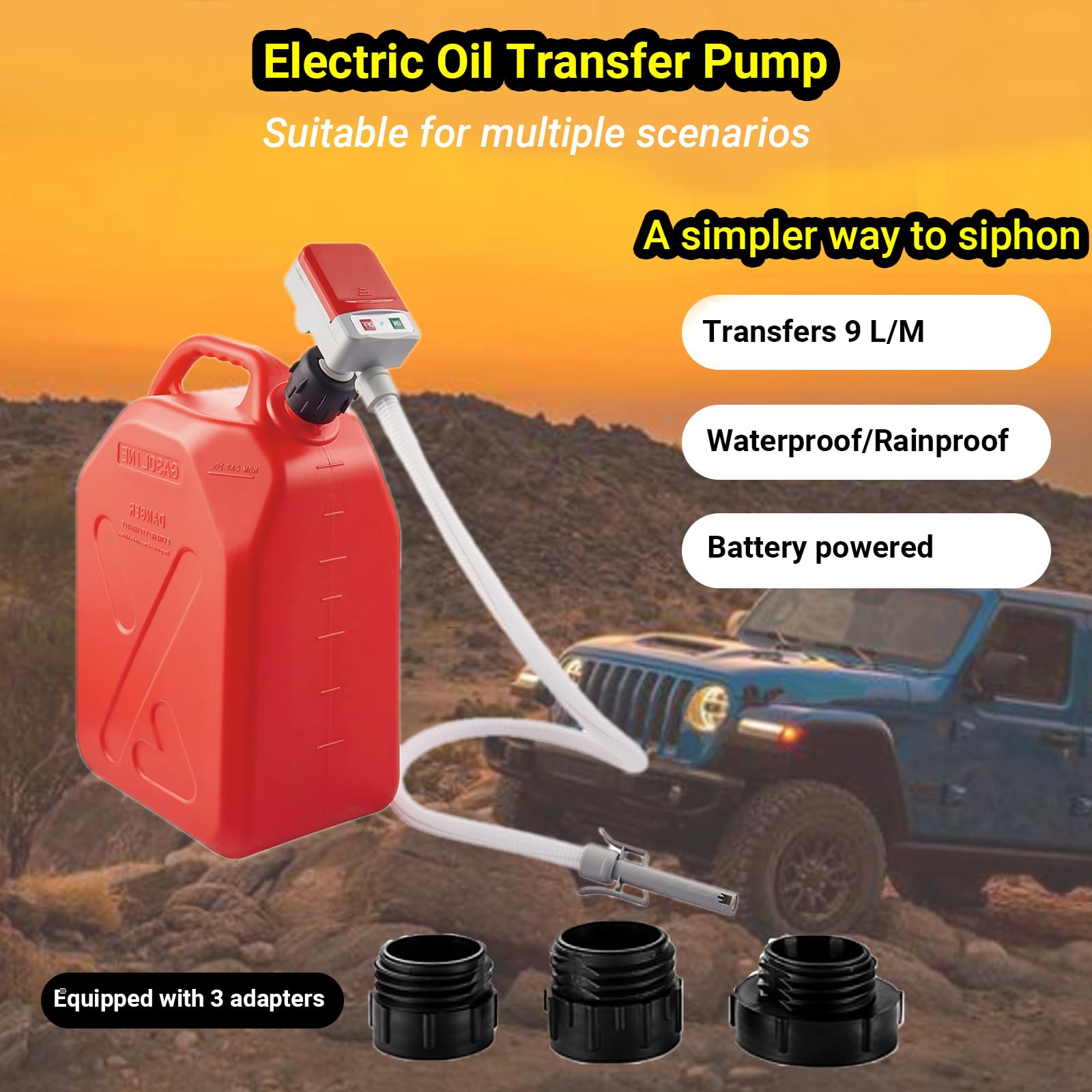 Bomba de Transferencia de Combustible con Parada Automática, Sifón Eléctrico de Alto Flujo 2.4 GPM para Gasolina, Diésel, Aceite y Agua, Portátil para Bidones de 5 Gal, Incluye 3 Adaptadores