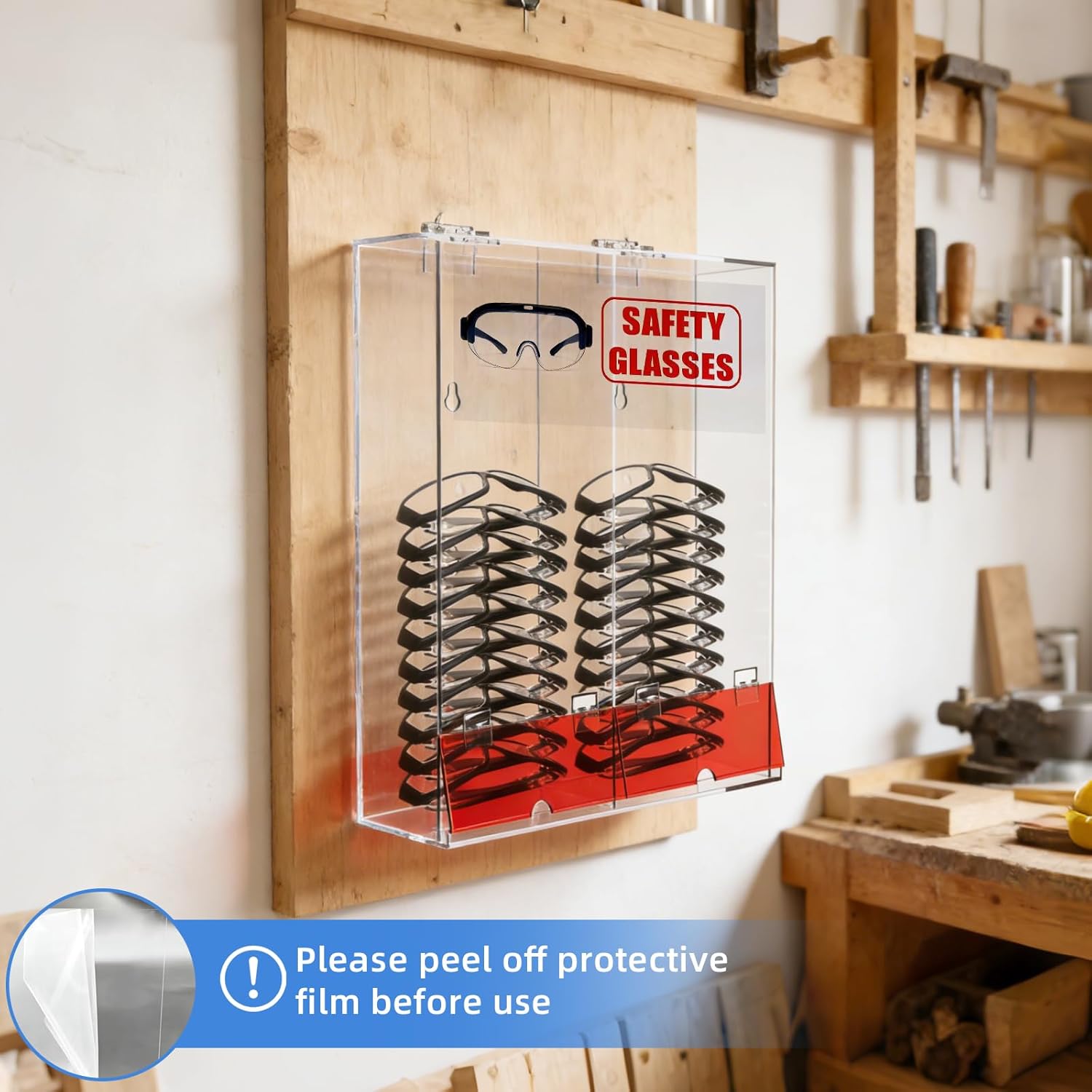 Large Safety Glasses Holder Bin, 2 Compartment Clear Acrylic Glasses Dispenser, Tabletop or Wall Mount, Eyewear Goggles Organizer with Dustproof Lids, for Industrial, Lab, 16.8"H × 15.5"W × 4.5"D