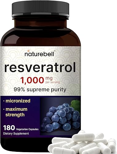 NatureBell Suplemento de resveratrol de 1000 mg por porción, 180 cápsulas vegetales, trans-resveratrol 99% puro, antioxidante para un envejecimiento
