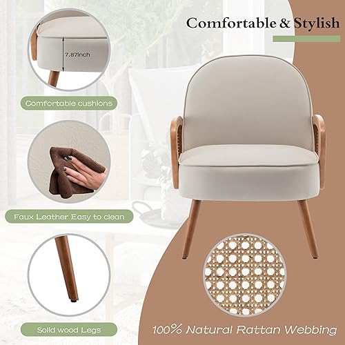 Miniatura 3 de Aklaus Silla decorativa moderna de mediados de siglo con brazos de ratán, tapizada de ratán, silla bohemia para sala de estar, dormitorio, balcón,