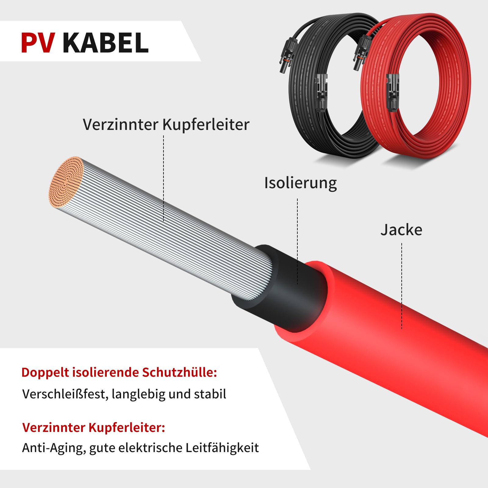 Solarkabel 4mm² 15M x 2 Solar Verlängerungskabel mit Solarstecker, Solar Verlängerung Photovoltaik Kabel für Solarpanel Balkonkraftwerk Solar Kabel(2-20M, 4mm2, 6mm2)