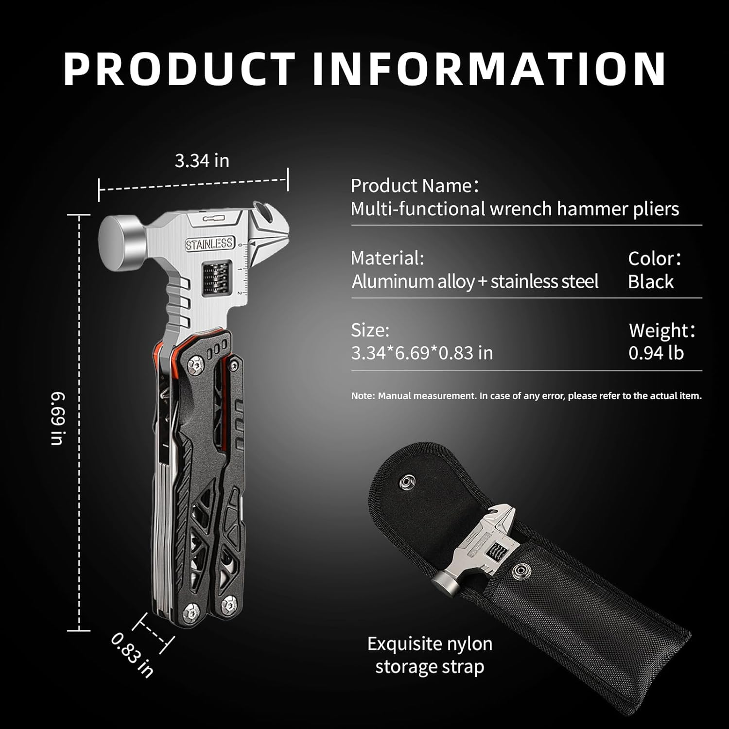 18-in-1 Multitool Hammer with Adjustable Wrench, Stainless Steel Multi Tool Pliers All-in-One Survival Camping Tool Gift with Pocket Knife Hammer Saw Screwdrivers Bottle Opener Carrying Pouch