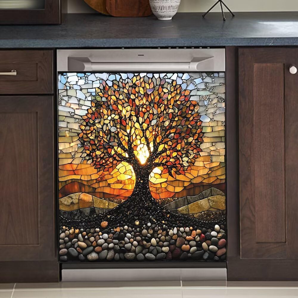 Tree of Life Kitchen Dishwasher Decor Magnet Cover, Pebble Colorful Glass Style Vinyl Fridge Magnetic Sticker Full for Kitchen, Easy Clean Dish Washer Door Decals 23 W x 26 H