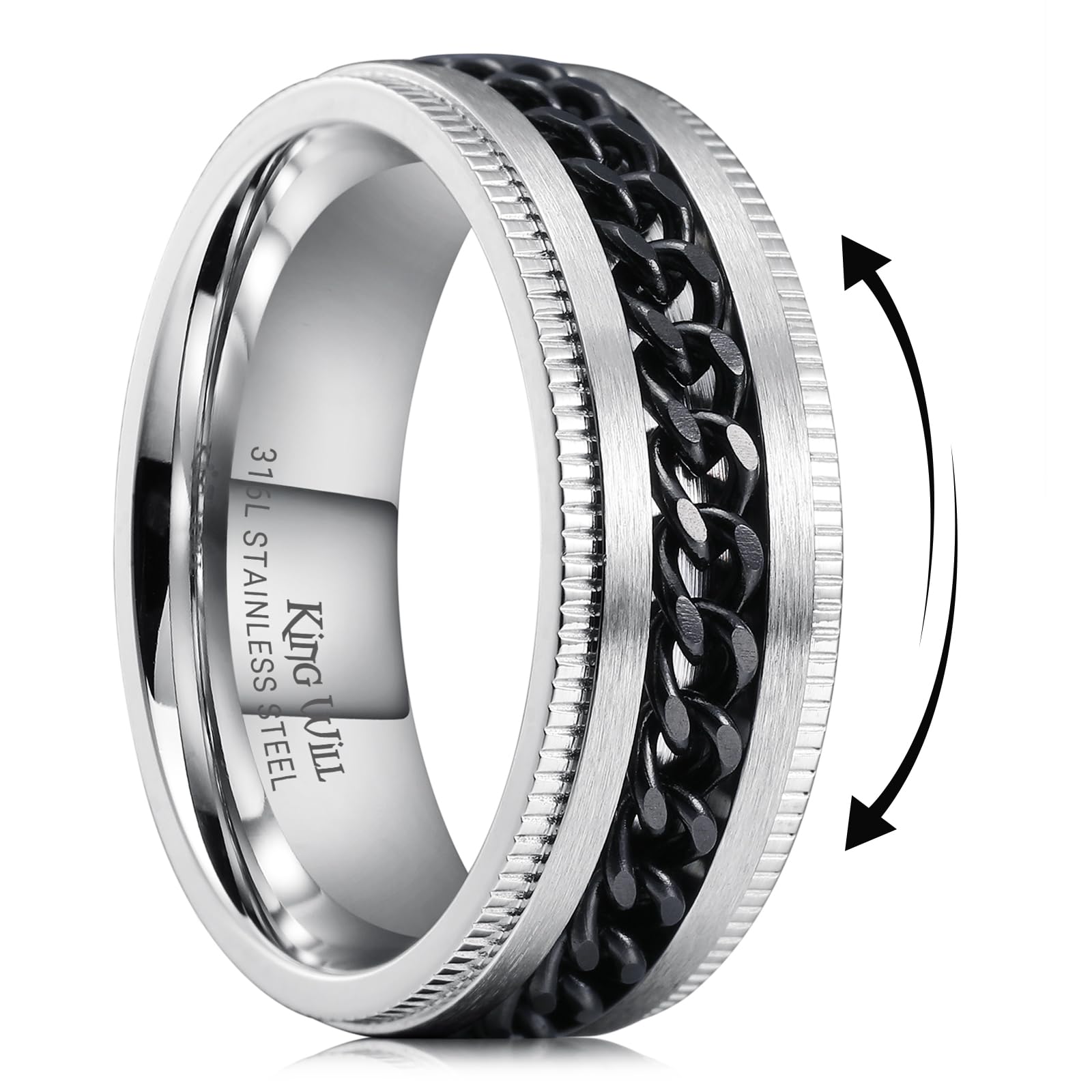 King Will 316L Stainless Steel Fidget Ring for Men Women-8mm Width with Stylish Chain Inlay Spinner Ring Stress Relief, Durable Wedding Band Comfort