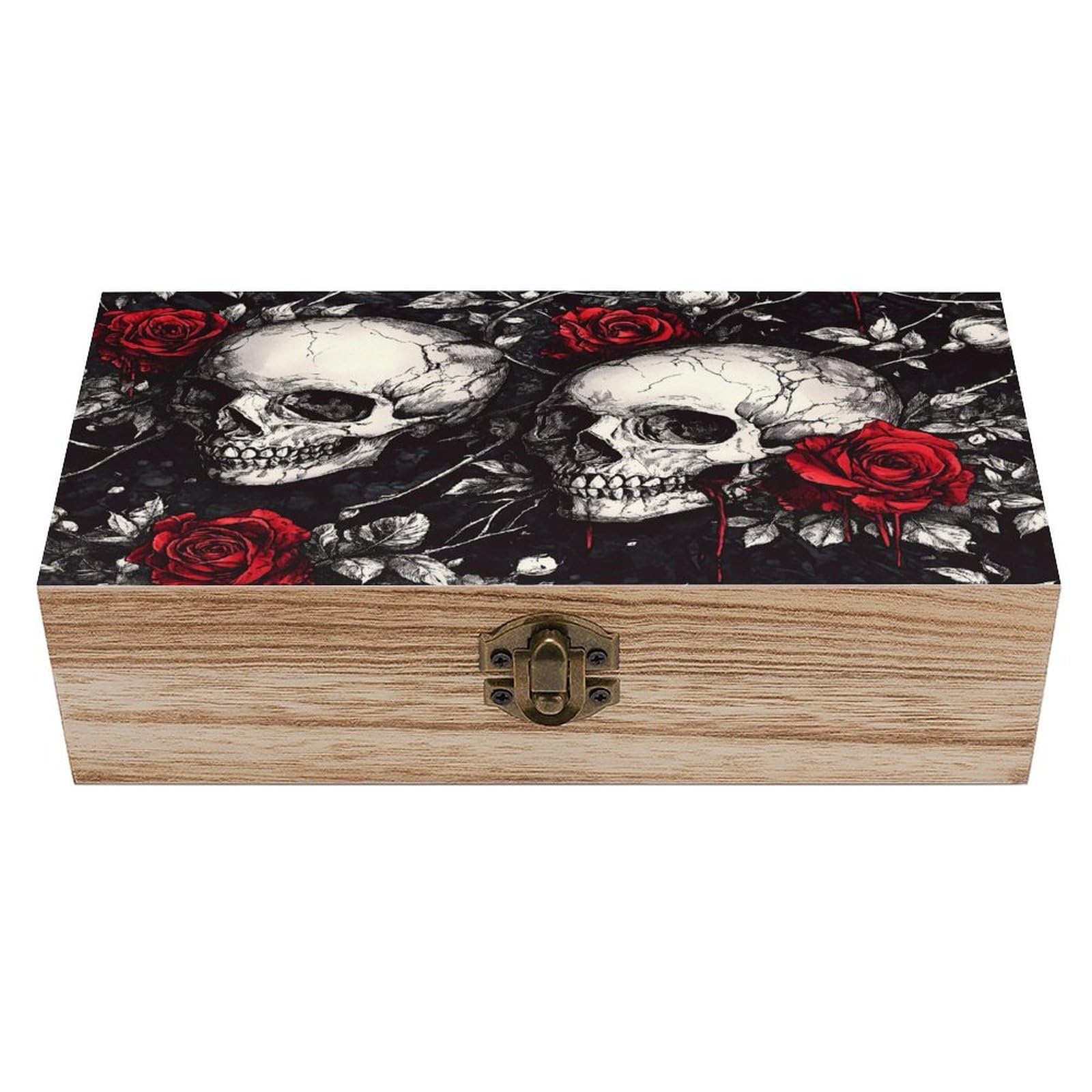 Ahdyr As Pic Skulls And Red Roses Wooden Storage Box With Hinged Lid And Front Clasp Large Keepsake Box