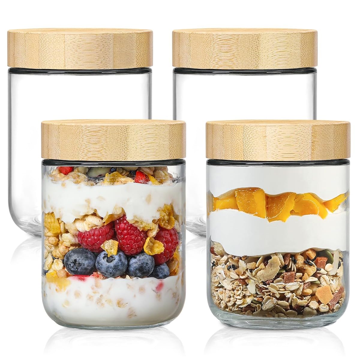 UDSKNV[KSL 4pack Glass Jars with Airtight Lid 16oz over Night Oats Container with Bamboo Lids Glass Snack Storage Salad Jars,Yogurt