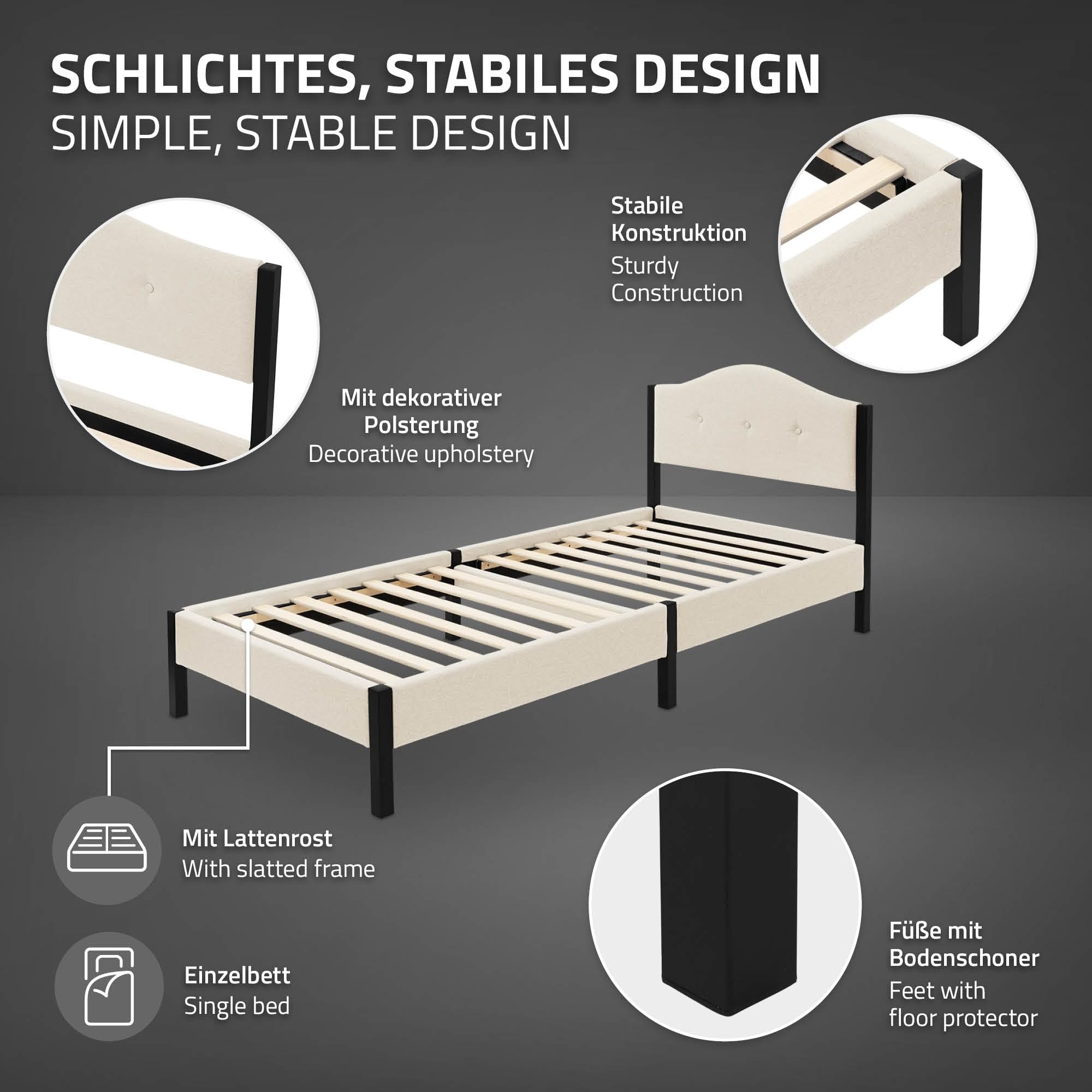 ML-Design Letto 90x200 cm, Giroletto Singolo, Struttura Robusta, Testiera Imbottita e Rete a Doghe, Telaio in Acciaio e Tessuto di Lino, Beige, Spazio di Archiviazione Sotto il Letto, per Cameretta