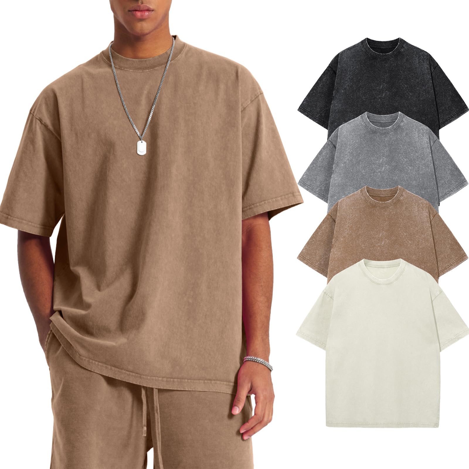 SnowElve Herren Oversized T-Shirt Pack Rundhals Basic Kurzarm Oberteil Sommer Retro Washed Top Vintage Casual Tee Shirts