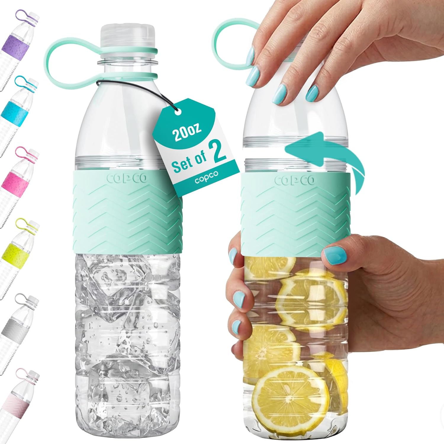 Copco Hydra 20oz Water Bottle, Set of 2 – BPA-Free Tritan Bottles with Leak-Proof Lid & Textured Grip Sleeve, Reusable Drink Bottles for Travel, Gym, Office, School & Everyday Use - Robins Egg (Blue)