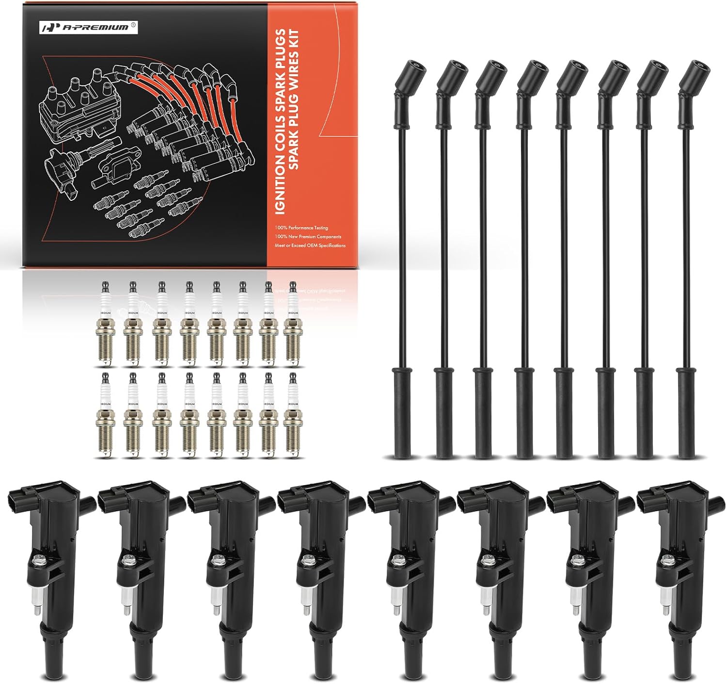 A-Premium 8 Ignition Coils with 8 Wire and 16 Iridium Spark Plugs Compatible with Ram 1500 2011-2013, Dakota 2011 & Jeep Grand Cherokee, Commander & Dodge Ram 1500, Durango, Dakota & Chrysler Aspen