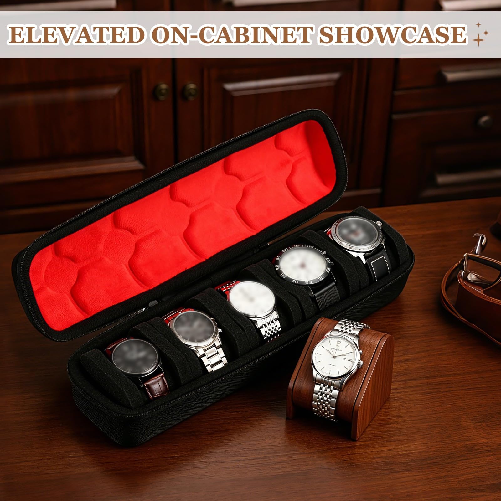 Estuche de viaje para relojes sourcing map, caja de almacenamiento portátil de 5 ranuras para relojes, estuche enrollable organizador para relojes de pulsera para hombres y mujeres, viajes, negocios