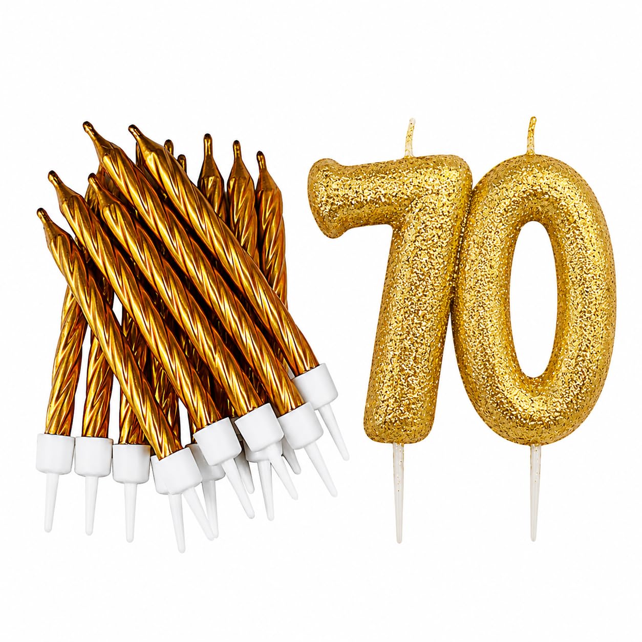 70th Birthday Gold Candle Kit, Glitter Number 70 Candle with 12 Metallic Spiral Cake Candles and Holders, Birthday Cake Decorations, Pack of 13