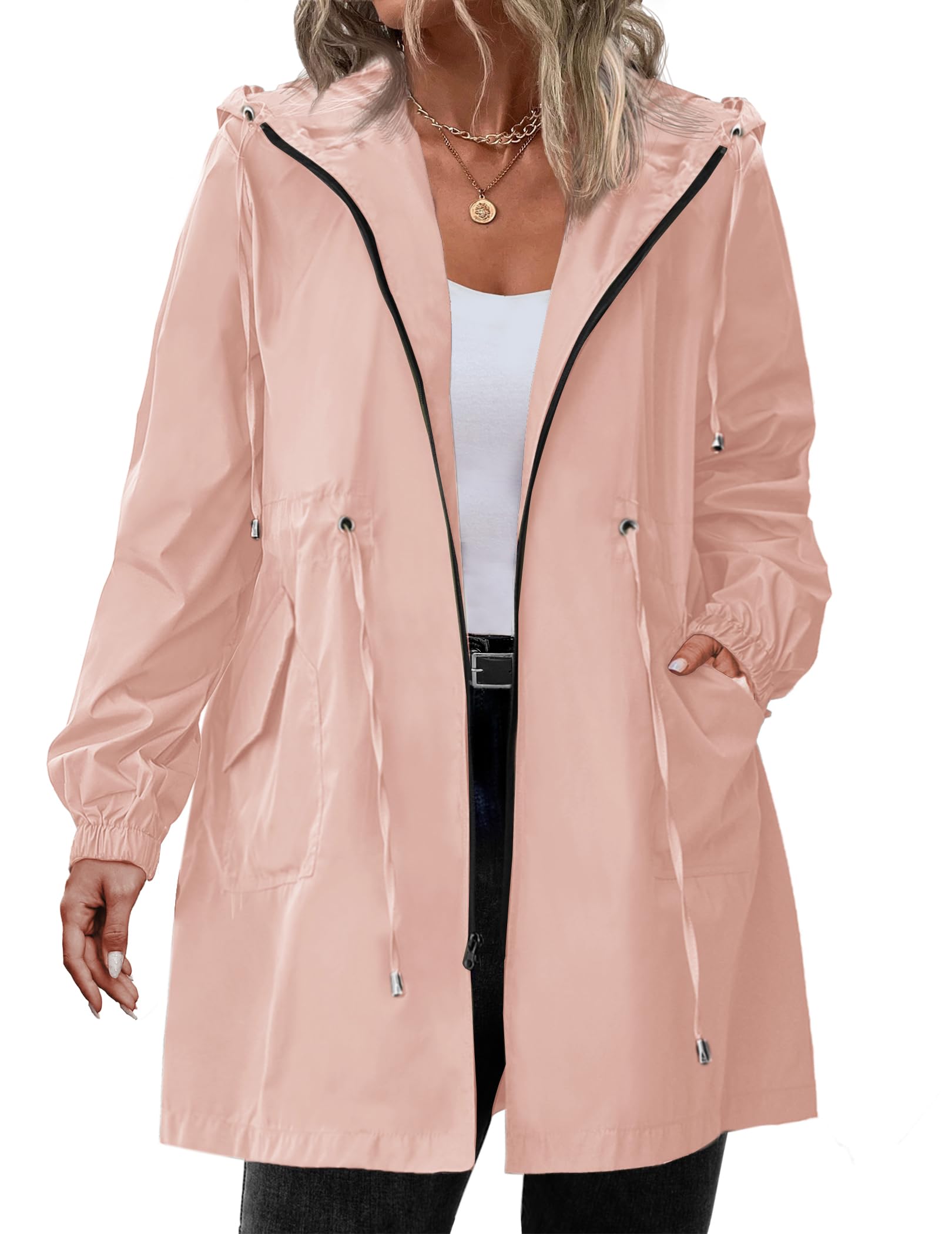 IN'VOLAND Women's Rain Jacket Plus Size Long Raincoat Lightweight Hooded Windbreaker Waterproof Jackets with Pockets