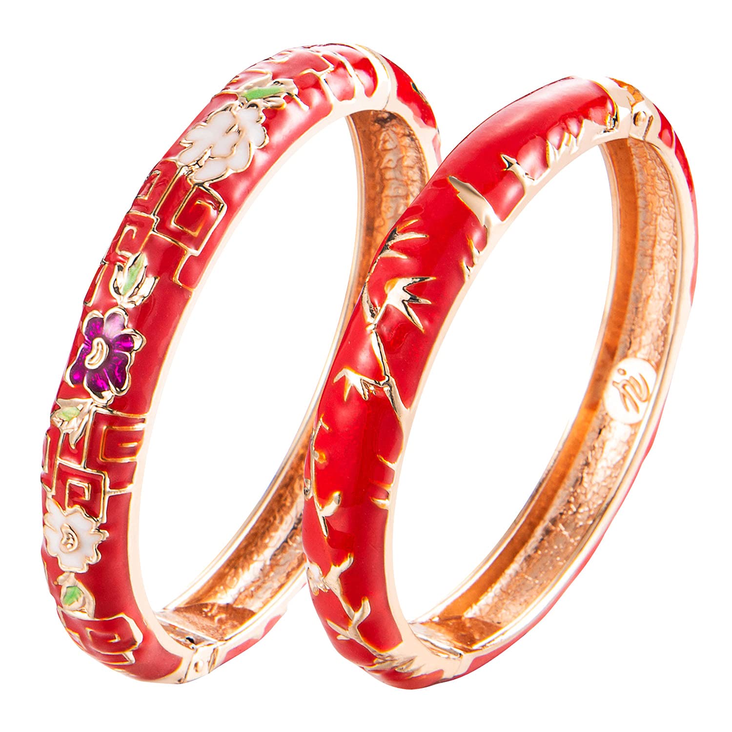 UJOY Fashion Cloisonne Bracelets Set Plated Enameled Jewelry Spring Hinged Metal Cuff Bangles Gift Box Packed