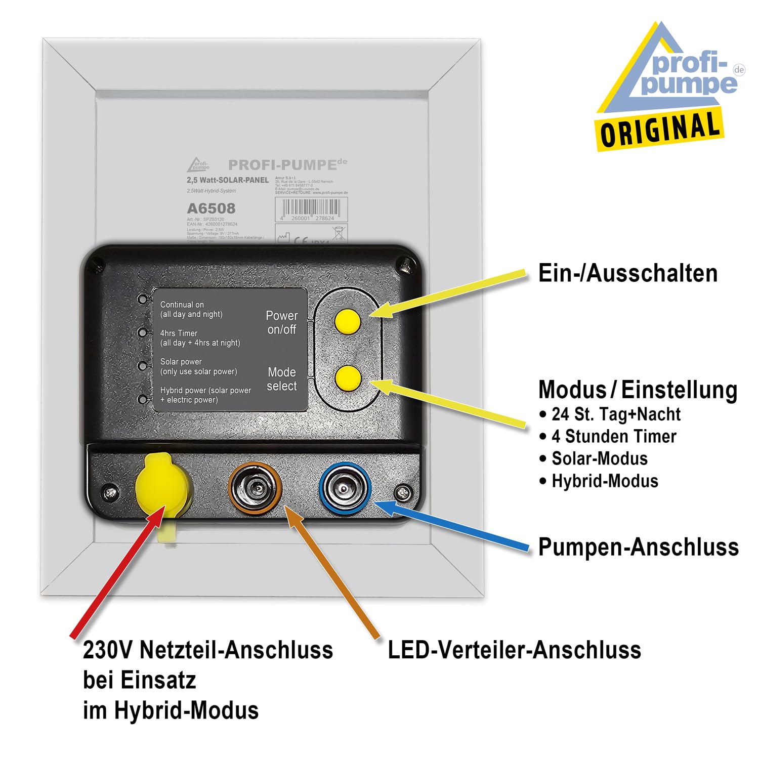 INNOVATIVES SOLAR 2,5 Watt Hybrid-System Solar-Panel 230V Netzadapter für Teichpumpen-Set Oasis 250-H-Hybrid
