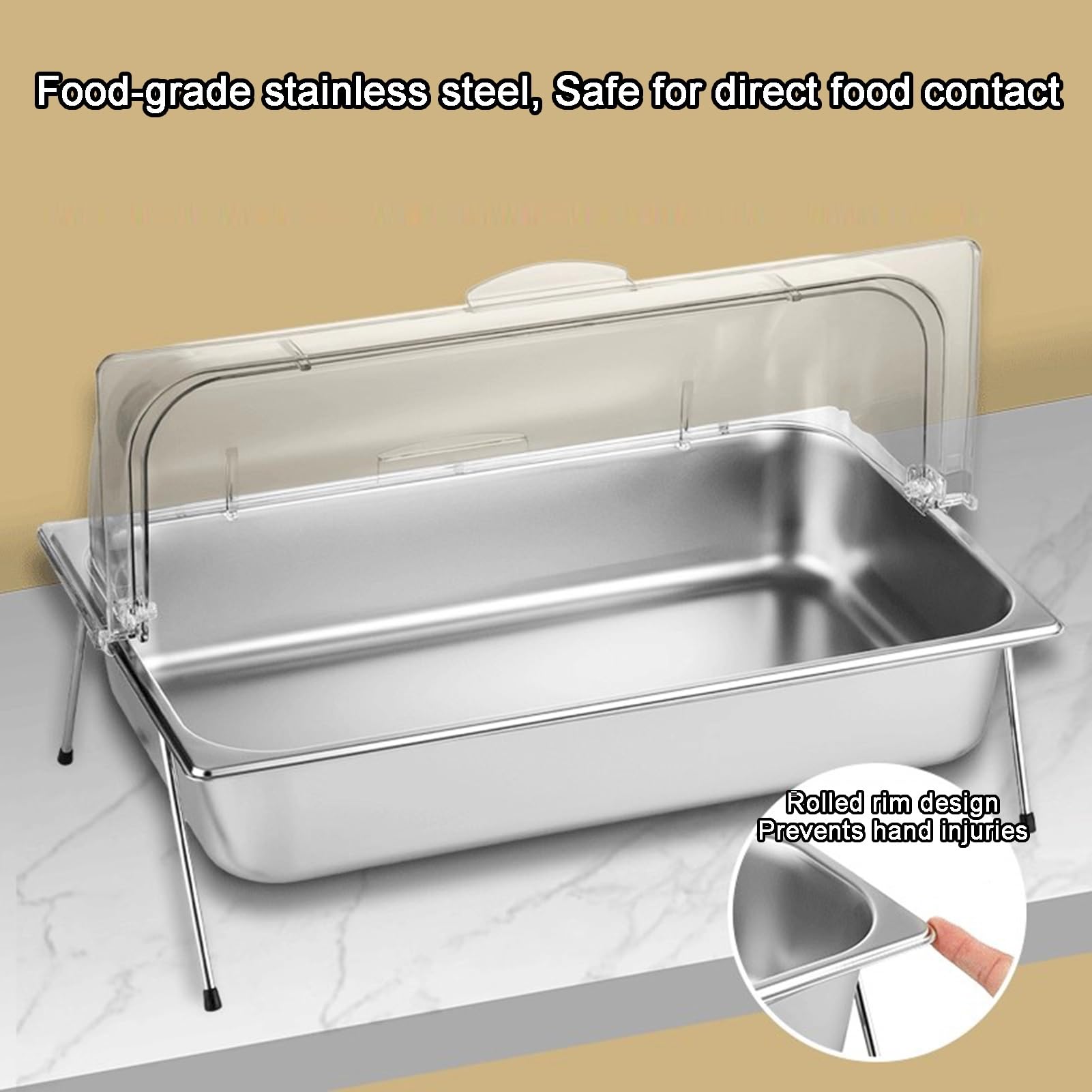 Bandeja expositora de alimentos de acero inoxidable con tapa enrollable transparente, dispensador de condimentos de buffet, bandeja para servir ensaladas (15 cm, 1 compartimento), perfecta para