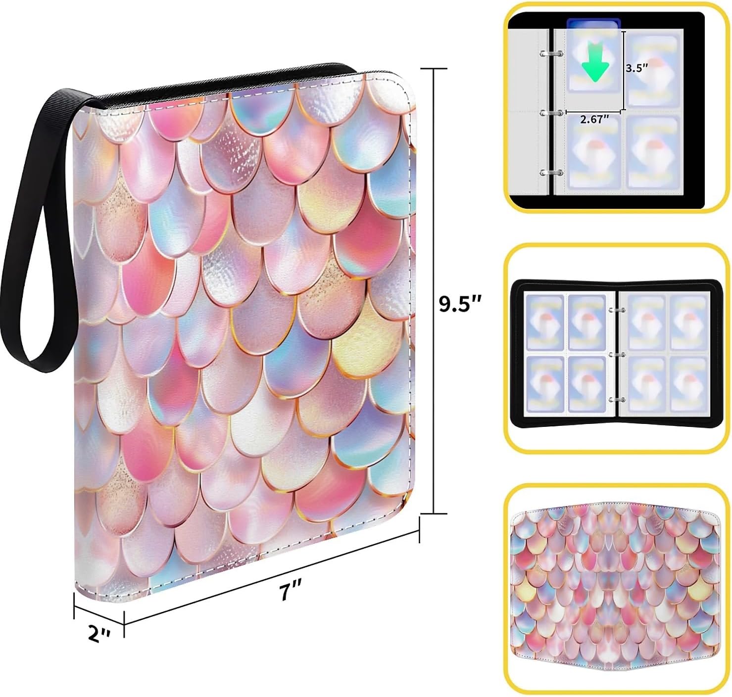 Card Binder 400 Pockets, 50 Sleeves Large Binder Trading Cards Holder 4 Pocket, Storage Organizer, Album Folder Case Protector Collector Gift Colourful Pink Mermaid