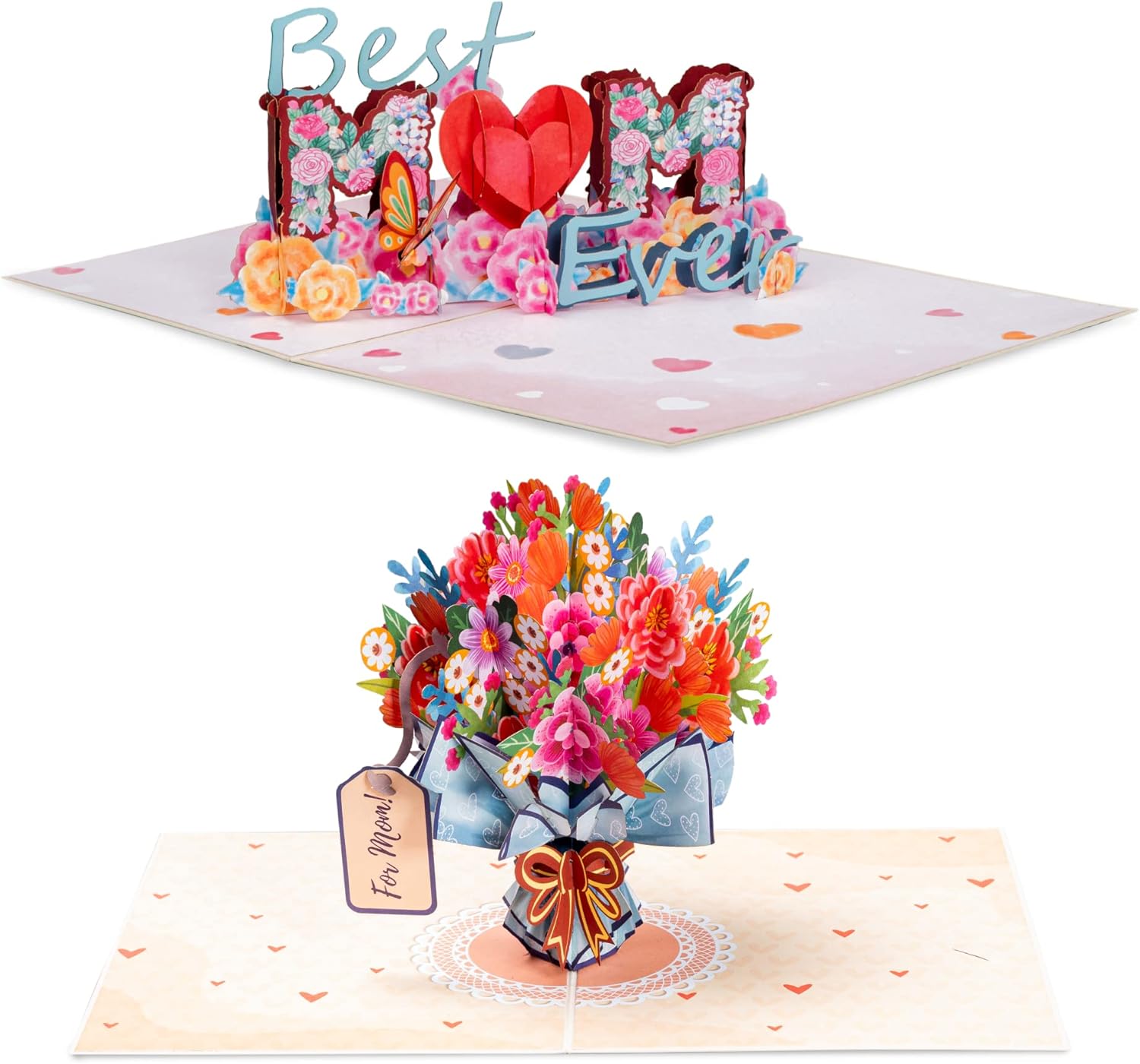 Paper Love Mothers Day Pop Up Cards 2 Pack - Includes 1 Best Mom Ever and 1 Mother's Day Flower Bouquet, For Mother, Wife, Anyone - 5" x 67" Cover - Includes Envelope and Note Tag