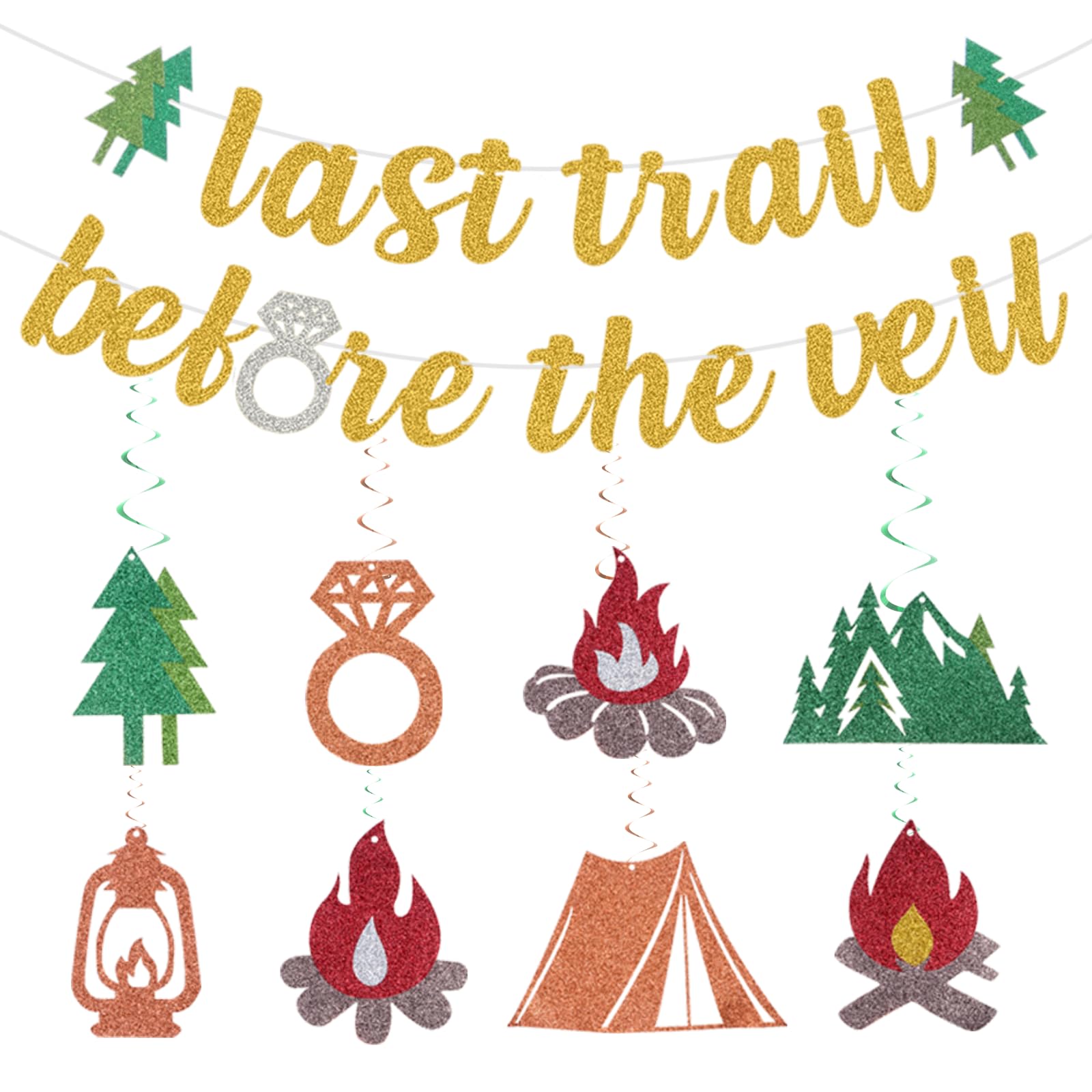 Last Trail Before The Veil Banner Mountain Bachelorette Decorations Hiking Camp Bachelorette Party Decorations Hanging Swirls for Engagement Wedding Bridal Shower Party Supplies