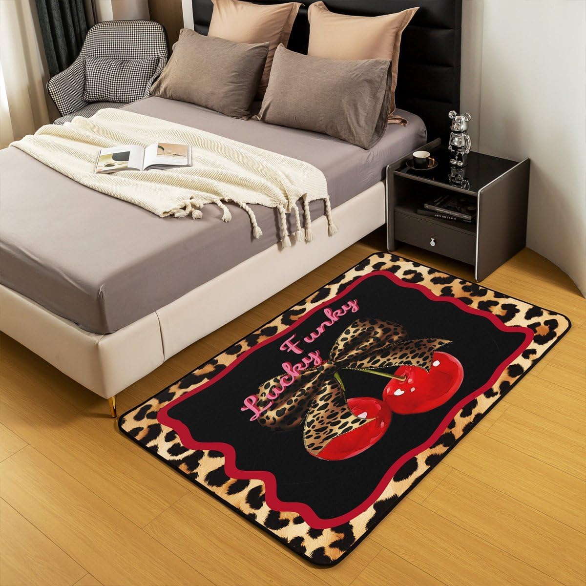 Cute Cherry Area Rug 5x6'6''x0.39''with Non Slip Rugs,Farmhouse Cheetah Skin Printed Home Decor Office Area Rug,Chic Leopard Bowknot Indoor Floor Mat for Playroom Bedside Office