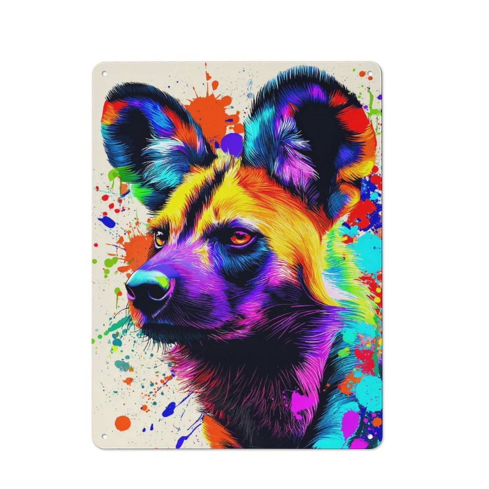 Junmoney Colorful Wild Dog Portrait -1 Tin Wall Plaque 40X30cm With For Studio Or Craft Room, For Cooler-Season Styling In Studio And Craft Room