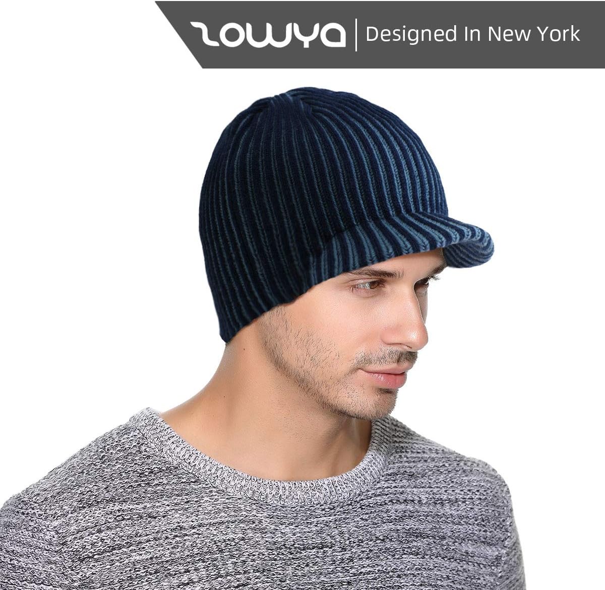 zowya Winter Visor Beanie Hat for Men & Women Brim Knit Skully Hats Billed Skull Cap Thick Vintage Contrast Color,1Hat - Image 2