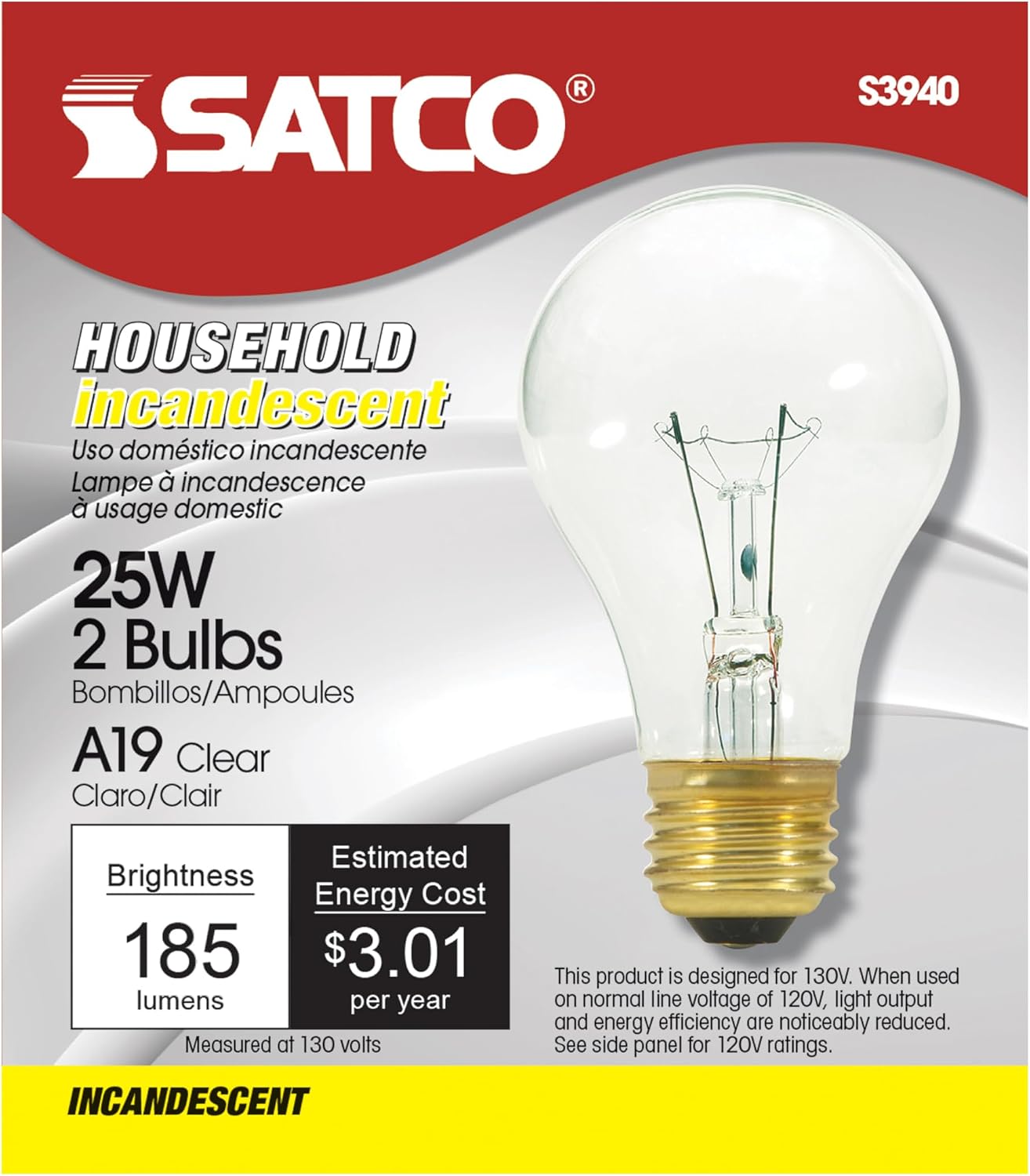 Satco S3940 25W A19 Incandescent Lamp, Dimmable, 2700K Warm White, 170 Lumens, Clear, Medium Base, 130V, 360 Degree Beam Angle (240 Bulbs)