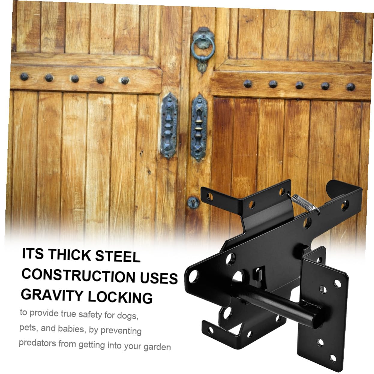 Gatuida Pestillo Automático de Puerta Pesado de Hierro con Montaje en Poste, Autoblocante, para Puertas y Portones de Madera Exteriores, Kit con Tornillos Incluidos, Uso Frecuente