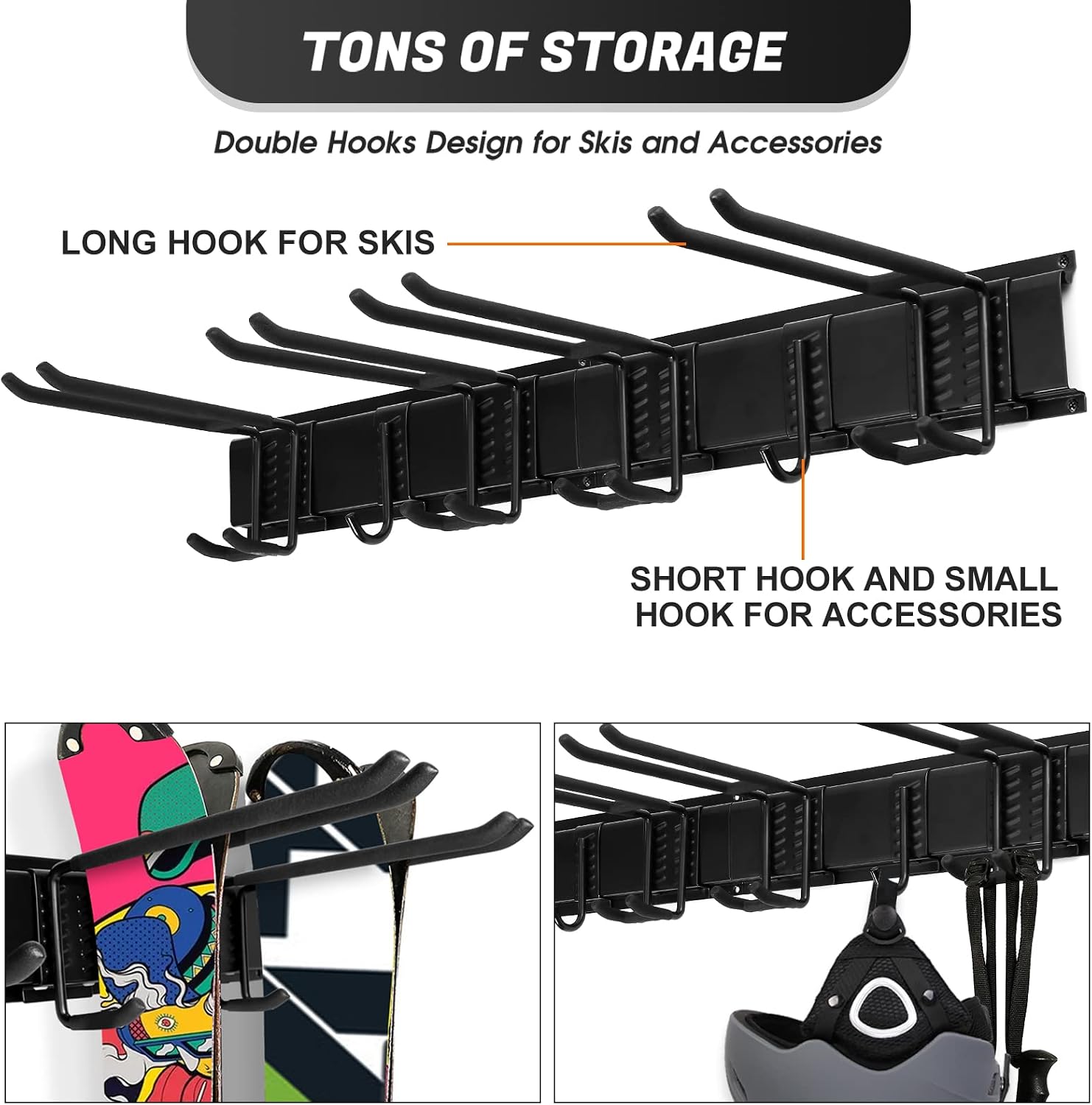Odoland Ski Storage Racks, 4 Pairs of Ski Snowboard Wall Mount Hanger with Short Hooks and Ski Cinch Straps, Home Shed and Garage Organization System Snow Ski Holder Holds Up to 300lbs