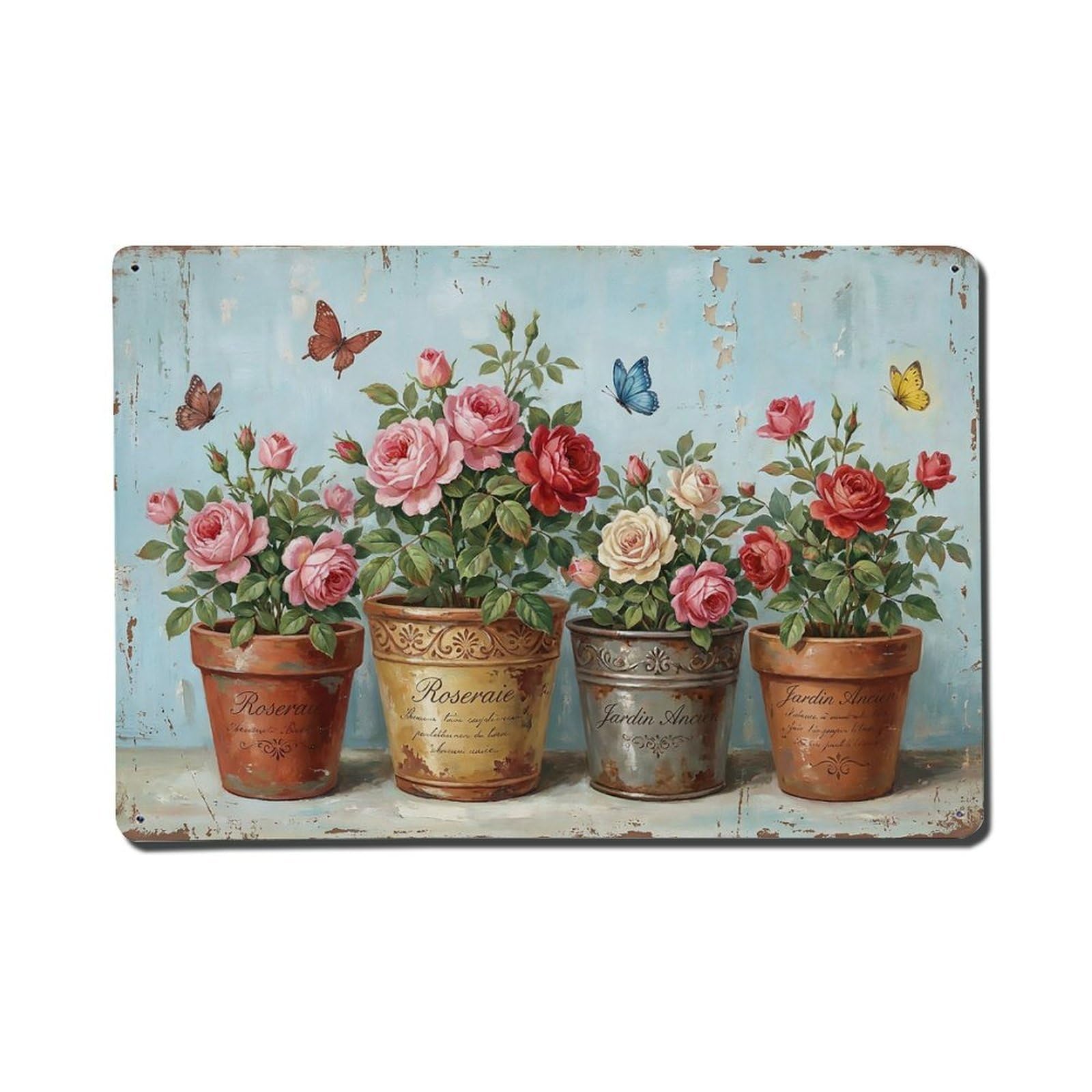 Vintage Rustic Flower Potted Plants Rose Metal Tin Sign