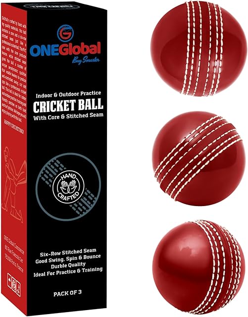 ONEGlobal Soft & Safe Indoor/Outdoor Rubber Cricket Ball With Real Stitched Seam for Skills Development, Coaching & Practice | 5 Color Options & Suitable for All Ages