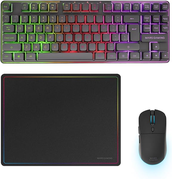 Mars Gaming MCPWTKL, Anglais US, Combo Gaming sans Fil, Technologie DualPro Link 2.4GPRO, Clavier TKL FRGB Rainbow + Souris RGB 3200DPI avec Switches HUANO + Tapis Antidérapant 360x260mm, Noir - 1