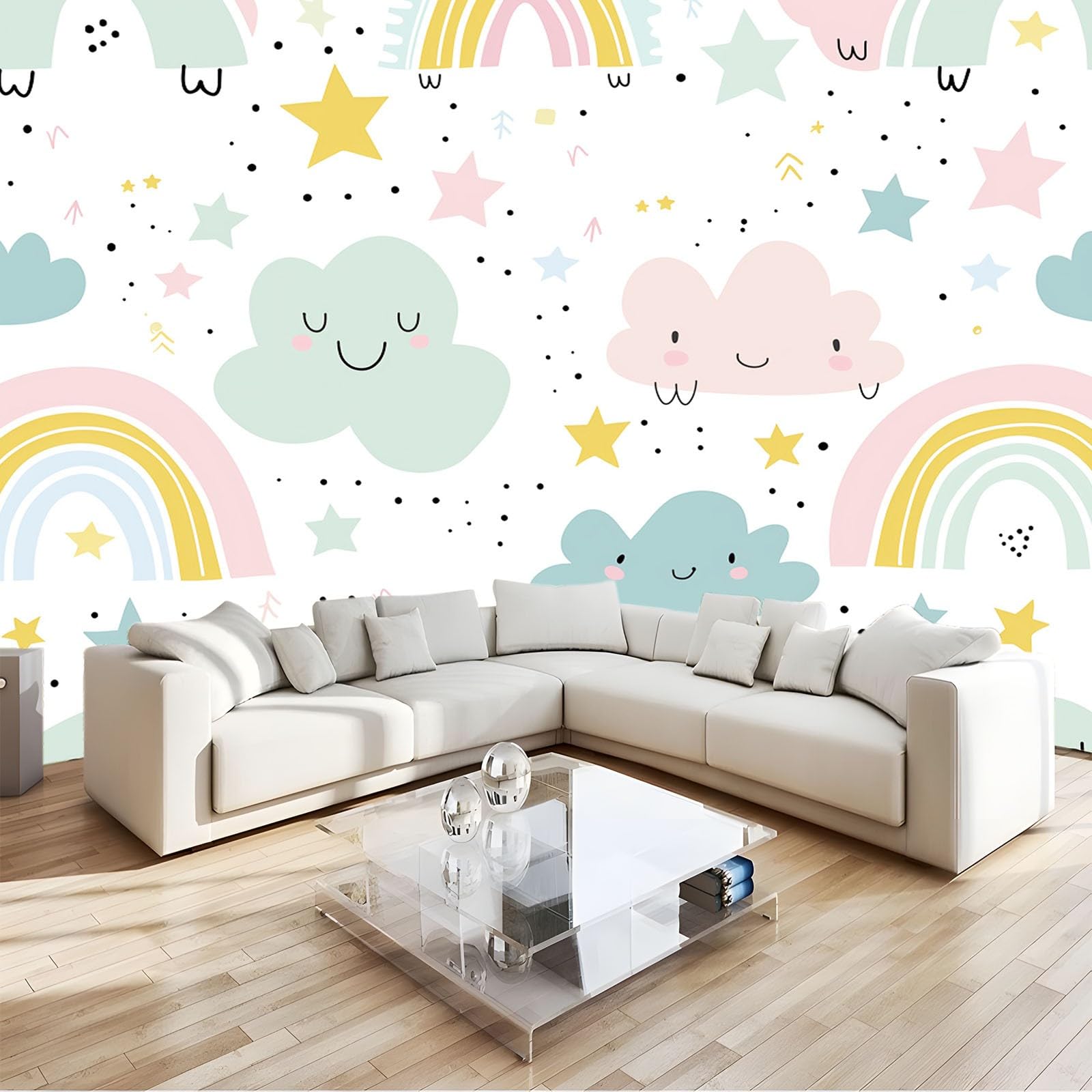 3D papier peint dessin animé arc en ciel et étoiles mural 200x140 cm
