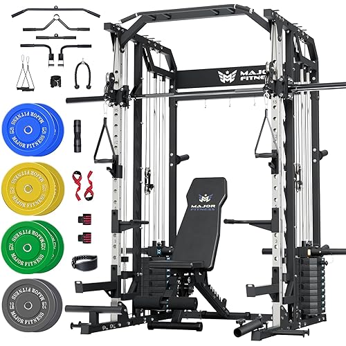 Major Fitness Drone2 Advanced Training Smith Machines– All-in-One Home Gym Squat Rack with Aluminum Pulley Set , Weight Bar, Dual LAT Pull-Down Systems & Cable Crossover Machine for Full-Body Workouts
