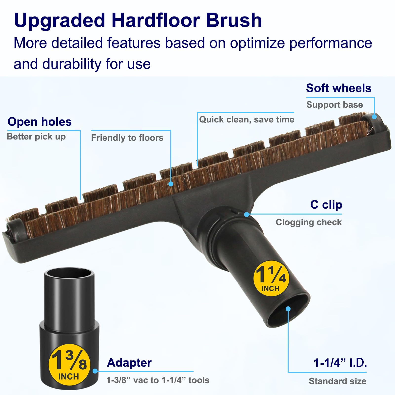 Cepillo de suelo universal de madera dura de 1 1/4 pulgadas con adaptador de manguera de vacío de 1 3/8 pulgadas, cabezal de suelo de 12 pulgadas de ancho (1-1/4 pulgadas de diámetro interior) con