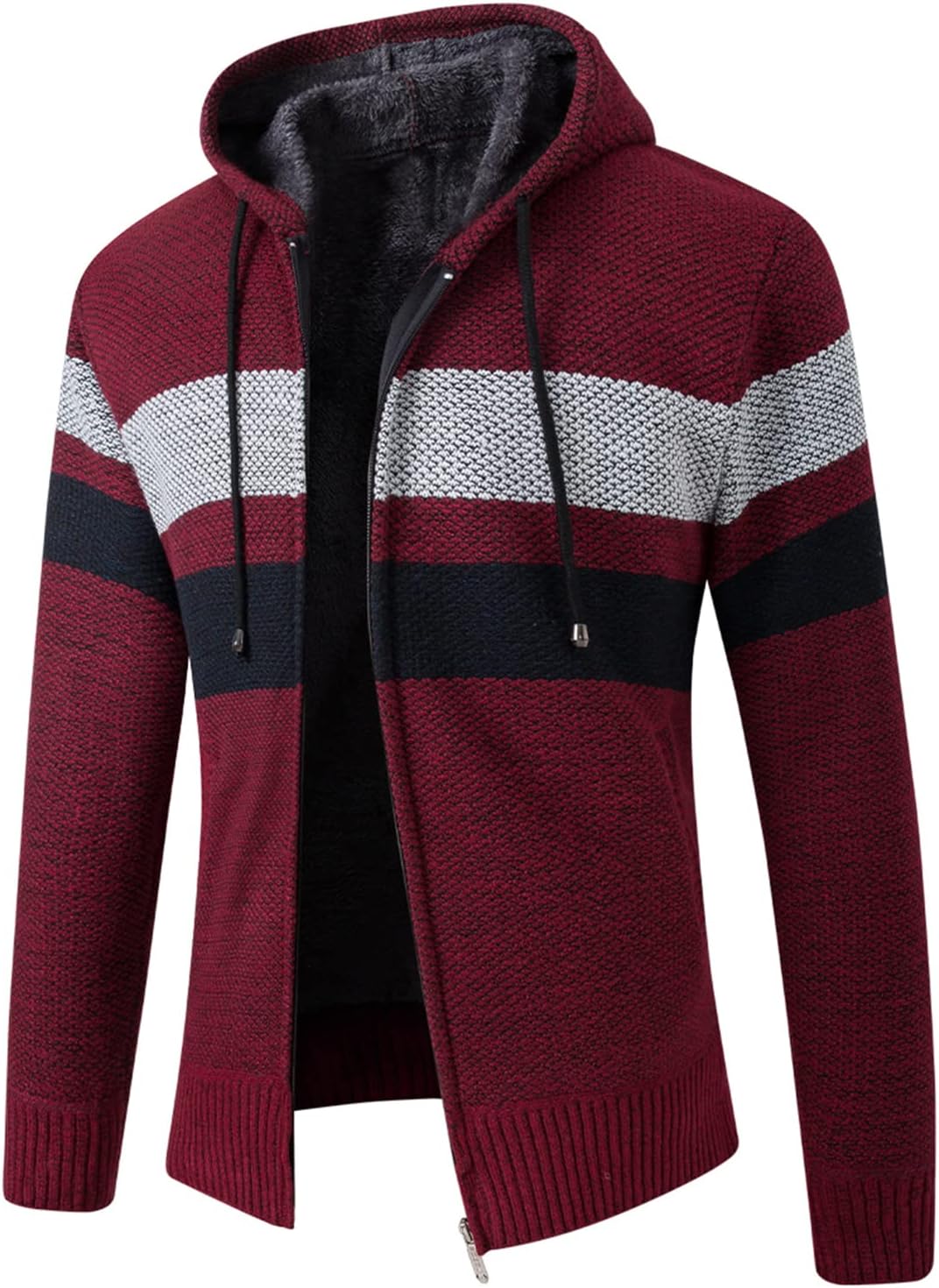 Lu's Chic Men's Full Zip Hoodie Winter Striped Knitted Long Sleeve Cardigan Sweater Slim Fit Hooded Sweatshirt Pockets