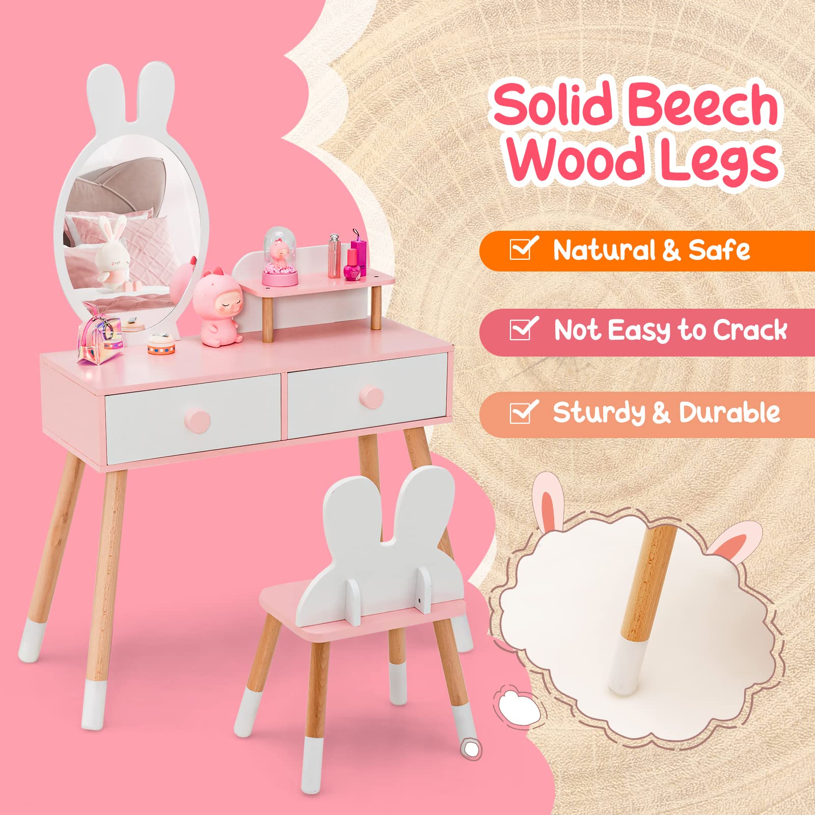 GOPLUS Tocador Niña de Madera, Tocador Infantil Princesa 2 en 1 con Taburete y Espejo en Forma de Orejas de Conejo, Cajones Dobles y Estante Adicional, 78 x 37 x 110 CM