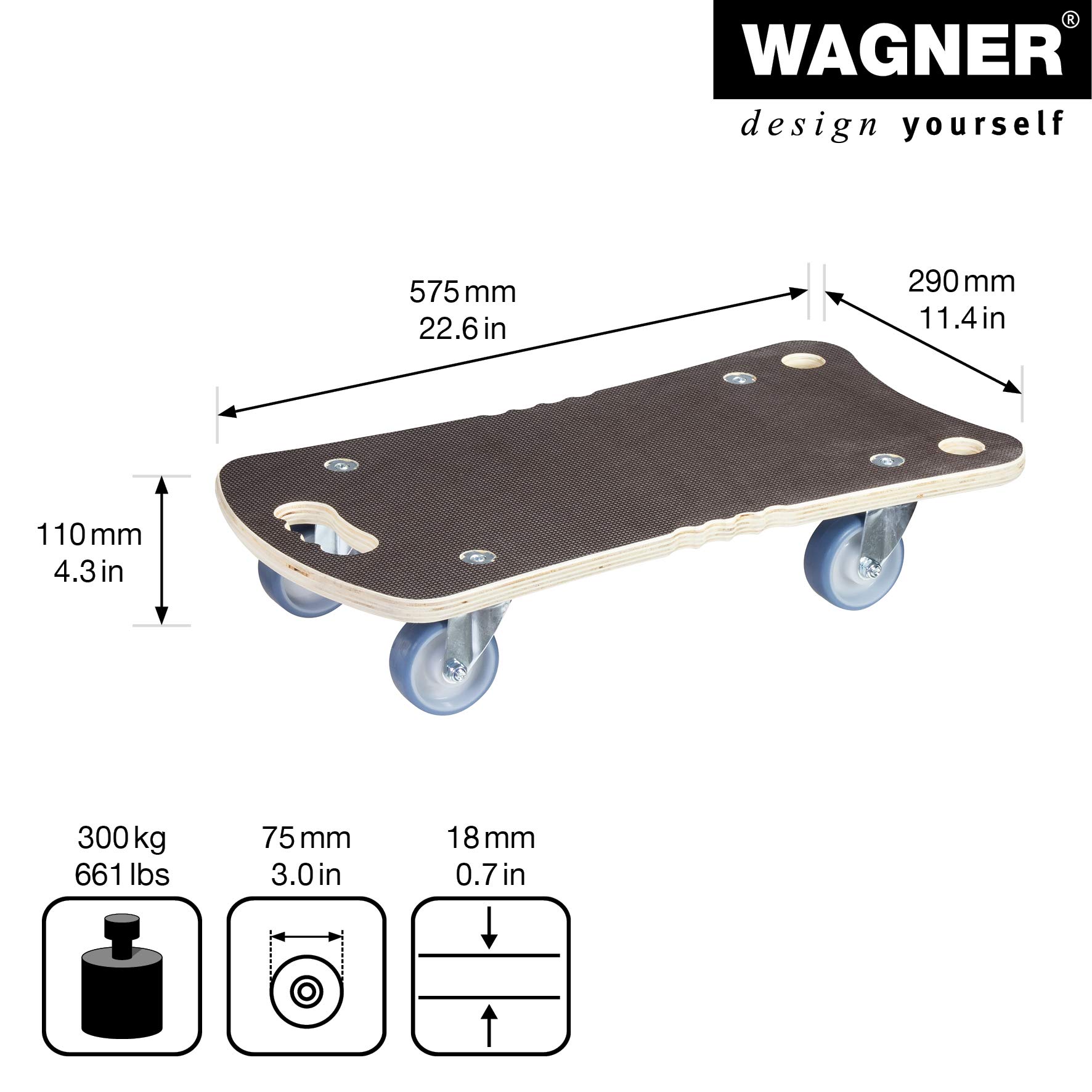 Wagner Plataforma de Carga MM 1342-57,5 x 29 cm - para Cajas Pesadas, 250 kg de Carga Máxima, Asas Empotradas Ergonómicas, Superficie Antideslizante, Certificado FSC® - 20134201