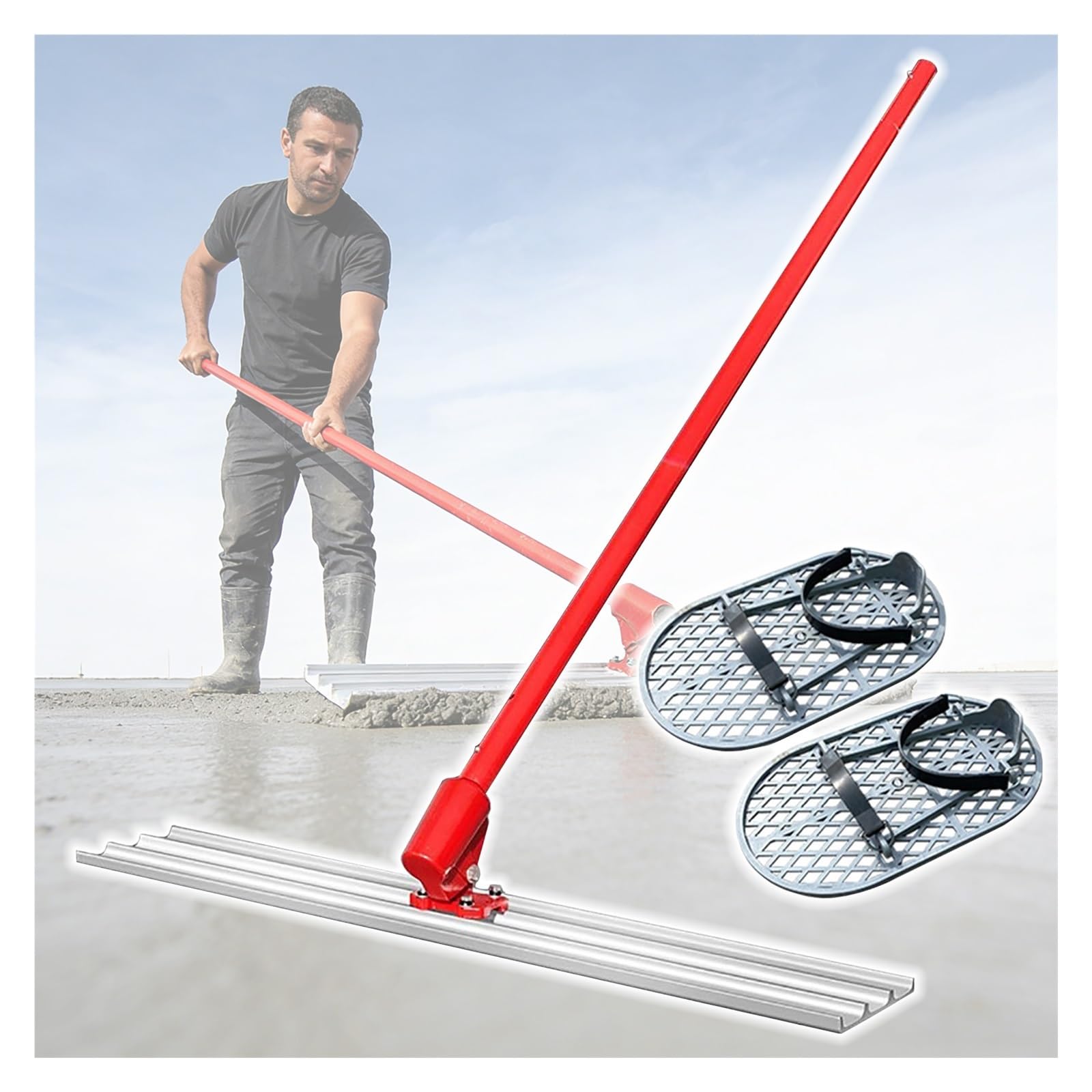 Kit de flotador de hormigón, paleta de borde cuadrado con soporte ajustable, 4 asas, zapatos de acabado para renovación de suelos de obra
