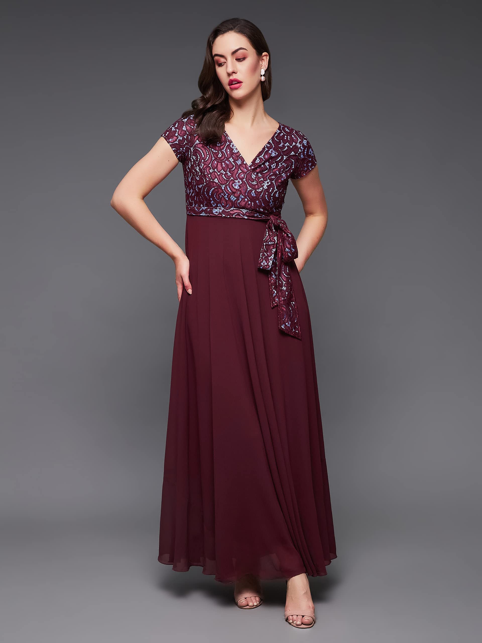 Miss Chase Women's V-Neck Short Sleeve Self Designed Lace Overlaid Maxi Georgette Dress (Mcaw22D06-52-184-07, Wine, Xxl)