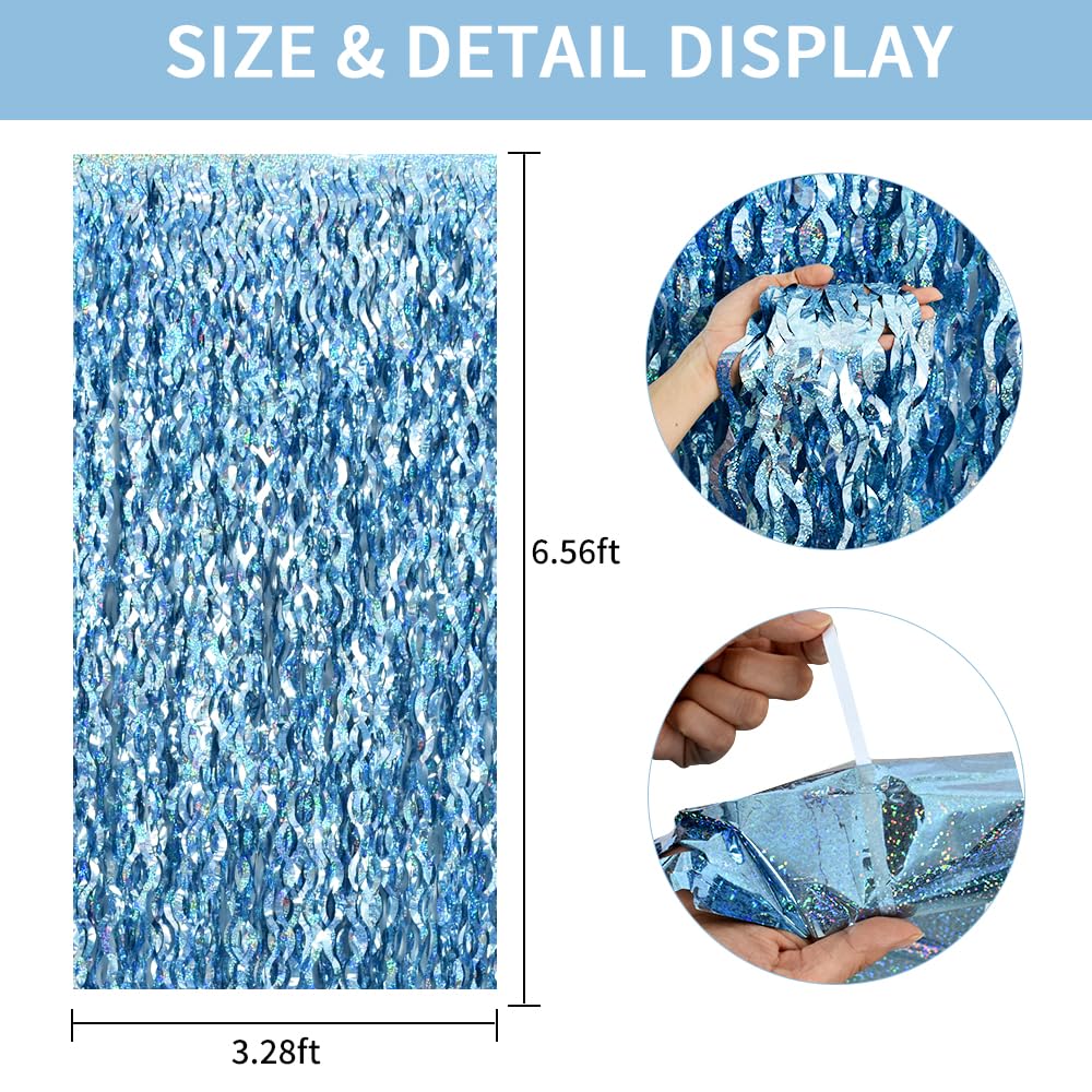 TONIFUL 3Pcs Wavy Metallic Tinsel Foil Fringe Curtains Light Blue Streamer Backdrop for Photo Booth Props,Party Door Wall Curtains,Bachelorette,Underwater World Birthday Party Decor (9.9ft x 6.6ft)