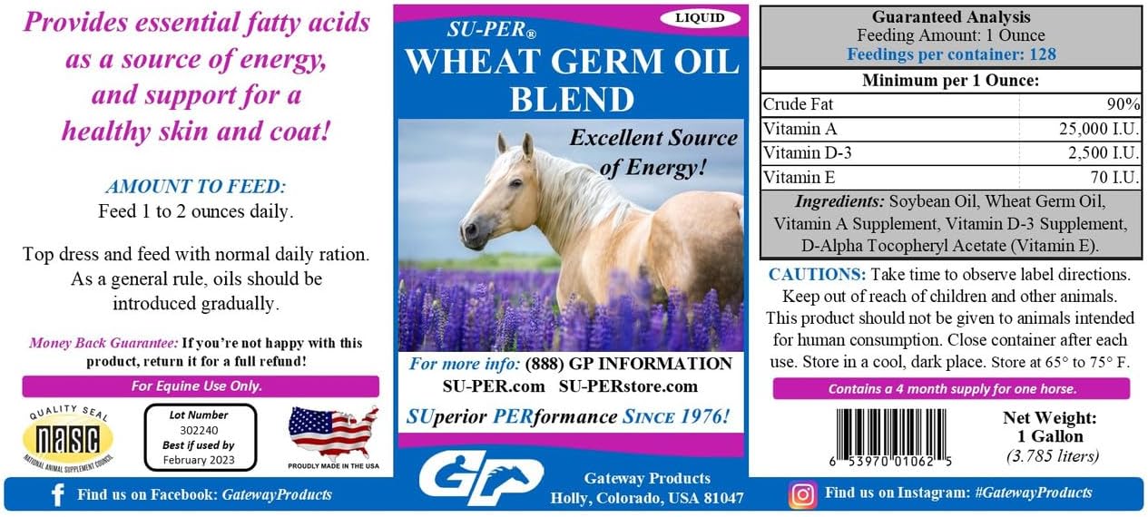 SU-PER Wheat Germ Oil Blend for Horses - Supports Energy, Endurance, Stamina, Healthy Skin and Coat - Essential Fatty Acids, Vitamins and Minerals - 1 Gallon + Pump, 4 Month Supply