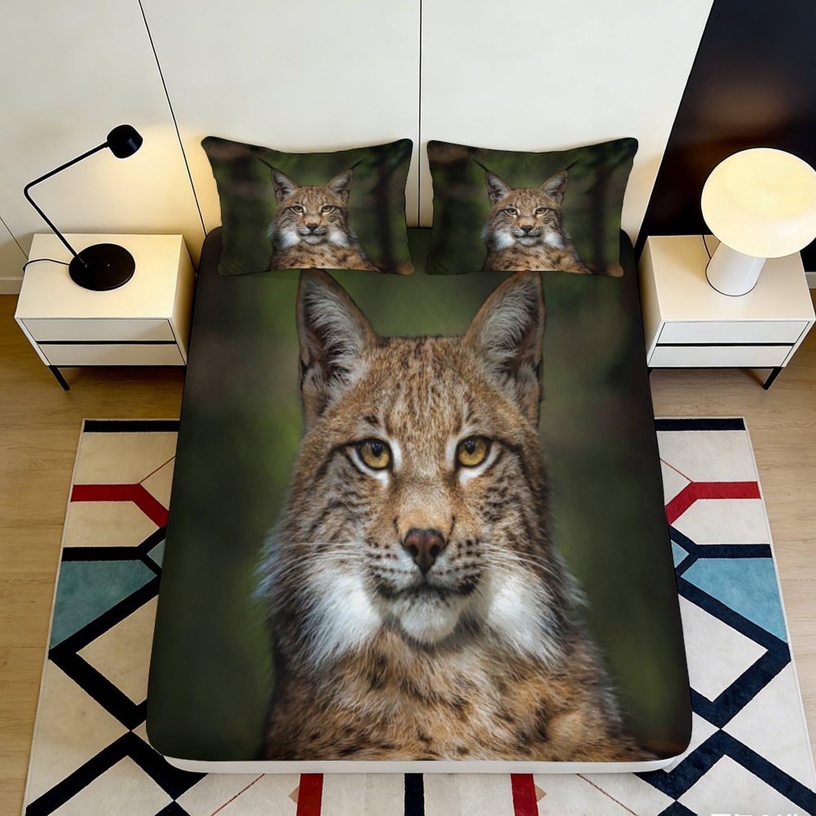 3D Printed Wild Lynx Fitted Sheet Microfiber Soft Anti-Slip Forest Cat Mattress Cover for Bedroom Guest Room Decor 180x200x25cm