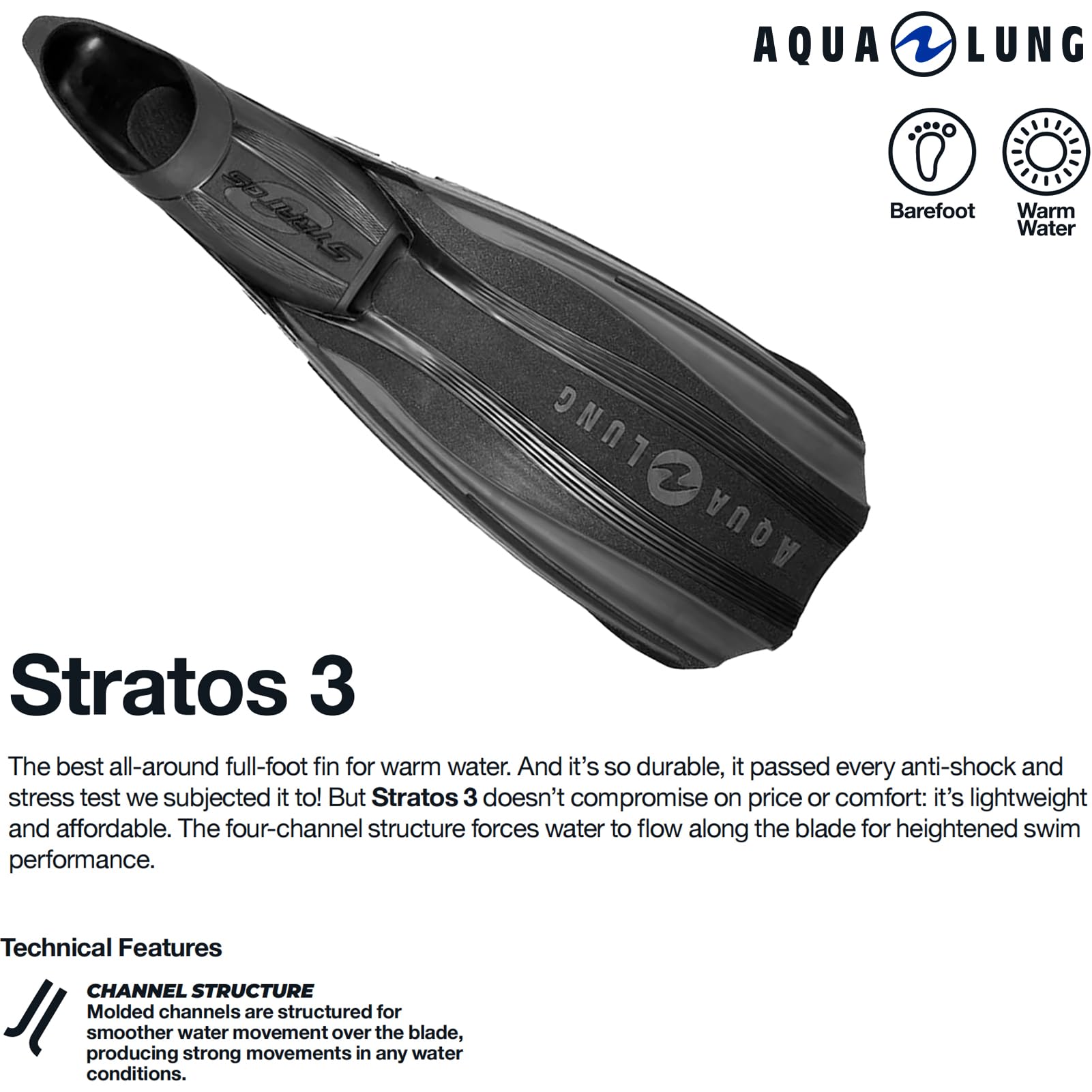 AQUALUNG Stratos 3 - Pinne Sub Unisex per Adulti, Pinne a Pedale Senza Scarpette per Le massime Prestazioni idrodinamiche, Suole grippanti, Ottima Presa, Adatte per Le Immersioni