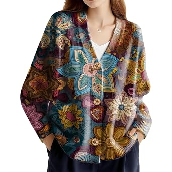 Oversized Cardigan Sweater for Women Button Down V Neck Floral Print Knitted Cardigans Soft Comfy Winter Outwear